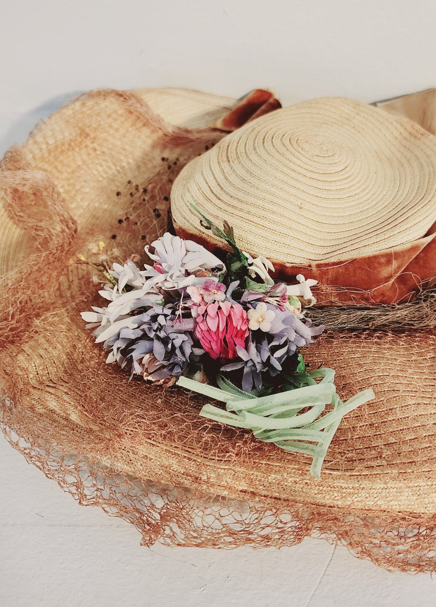 30s Beige Straw Summer Hat - Wide Brimmed with Veil and Flowers