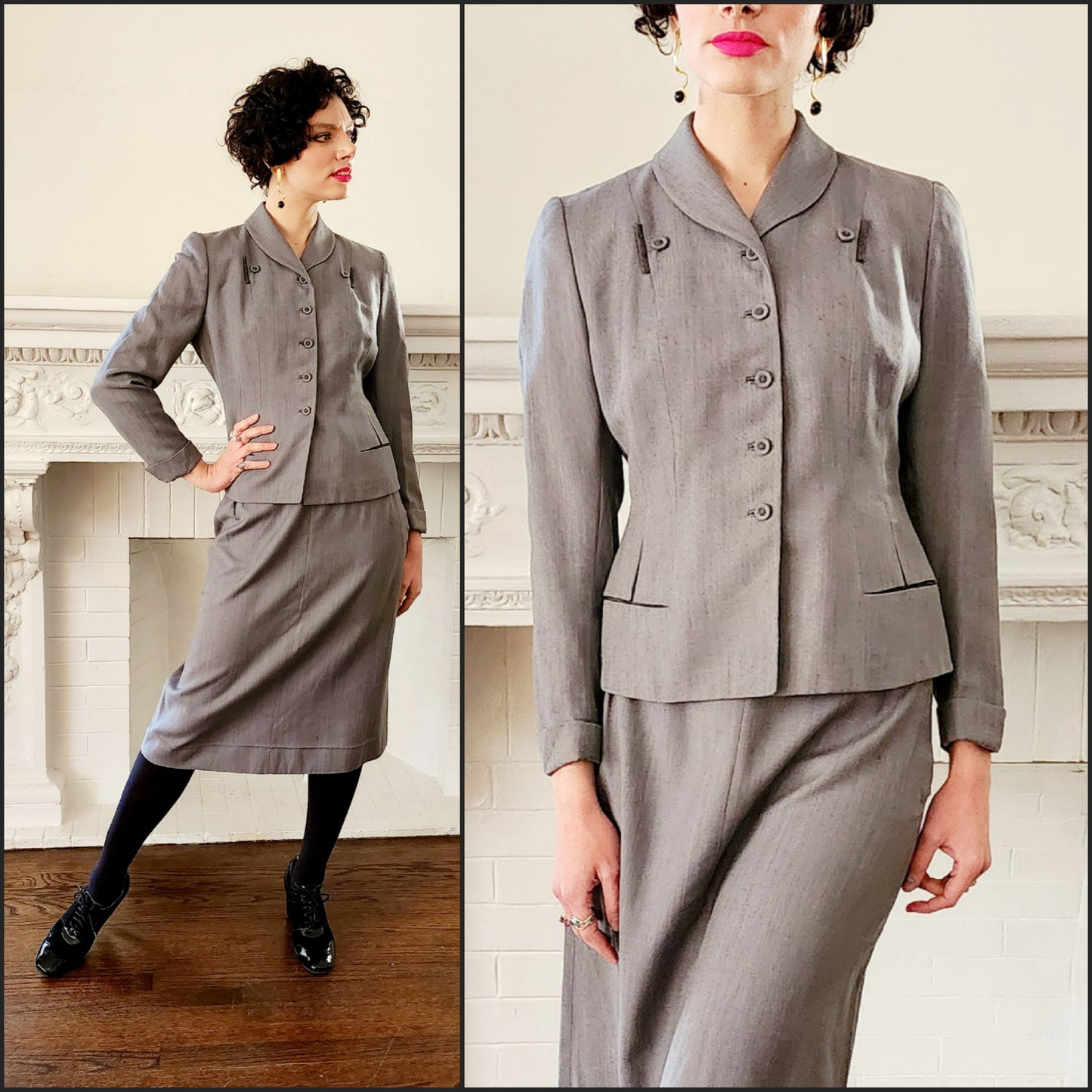 1940s Gray Wool Skirt Suit Blazer & Skirt Ensemble