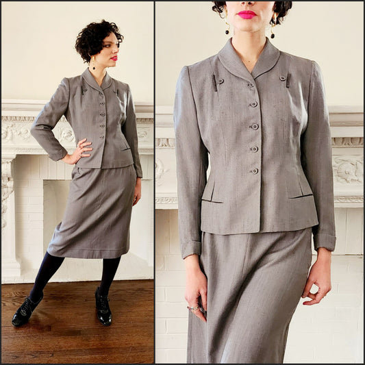 1940s Gray Wool Skirt Suit Blazer & Skirt Ensemble