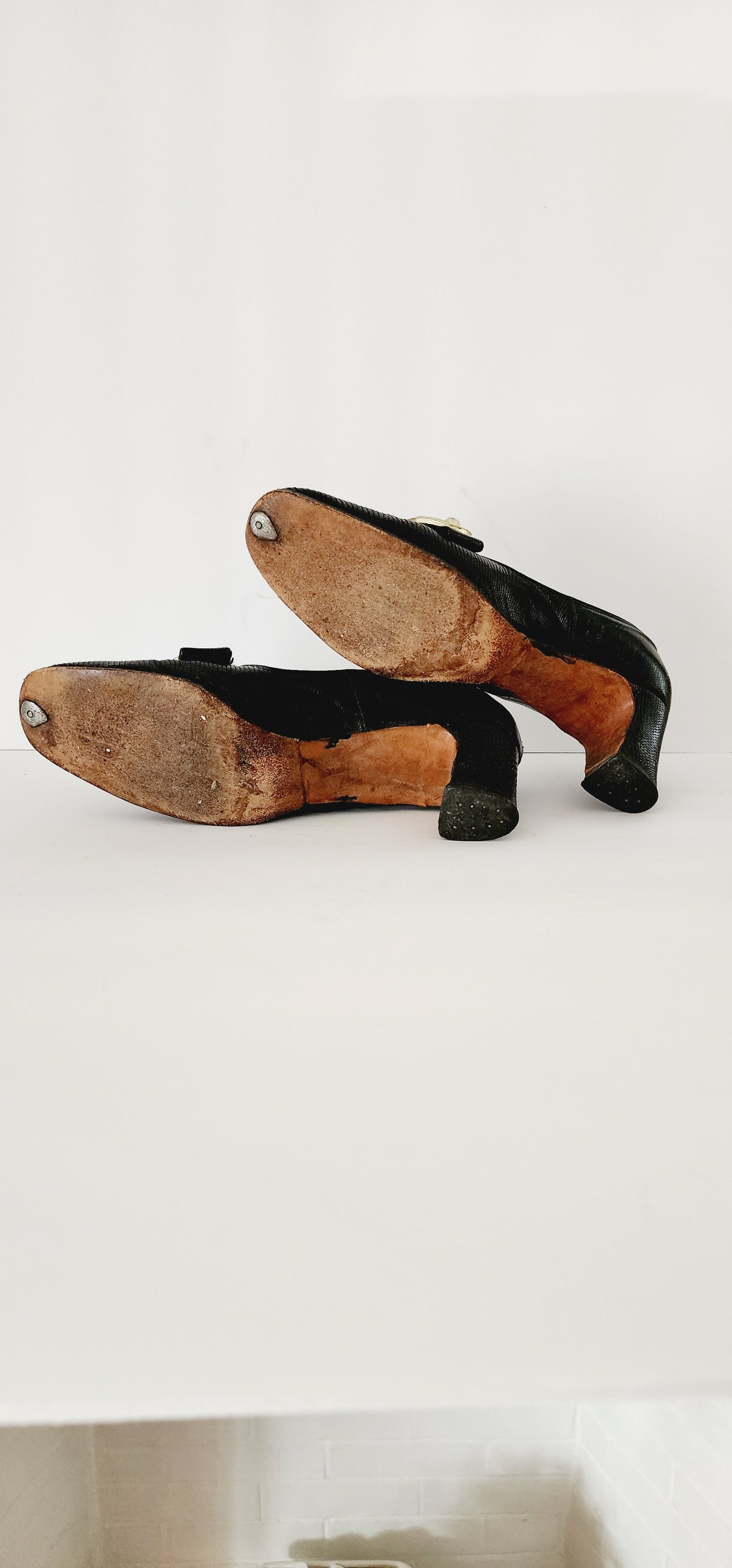 60s Black Pumps Mod Chunky Heel Silver Buckle Size 7