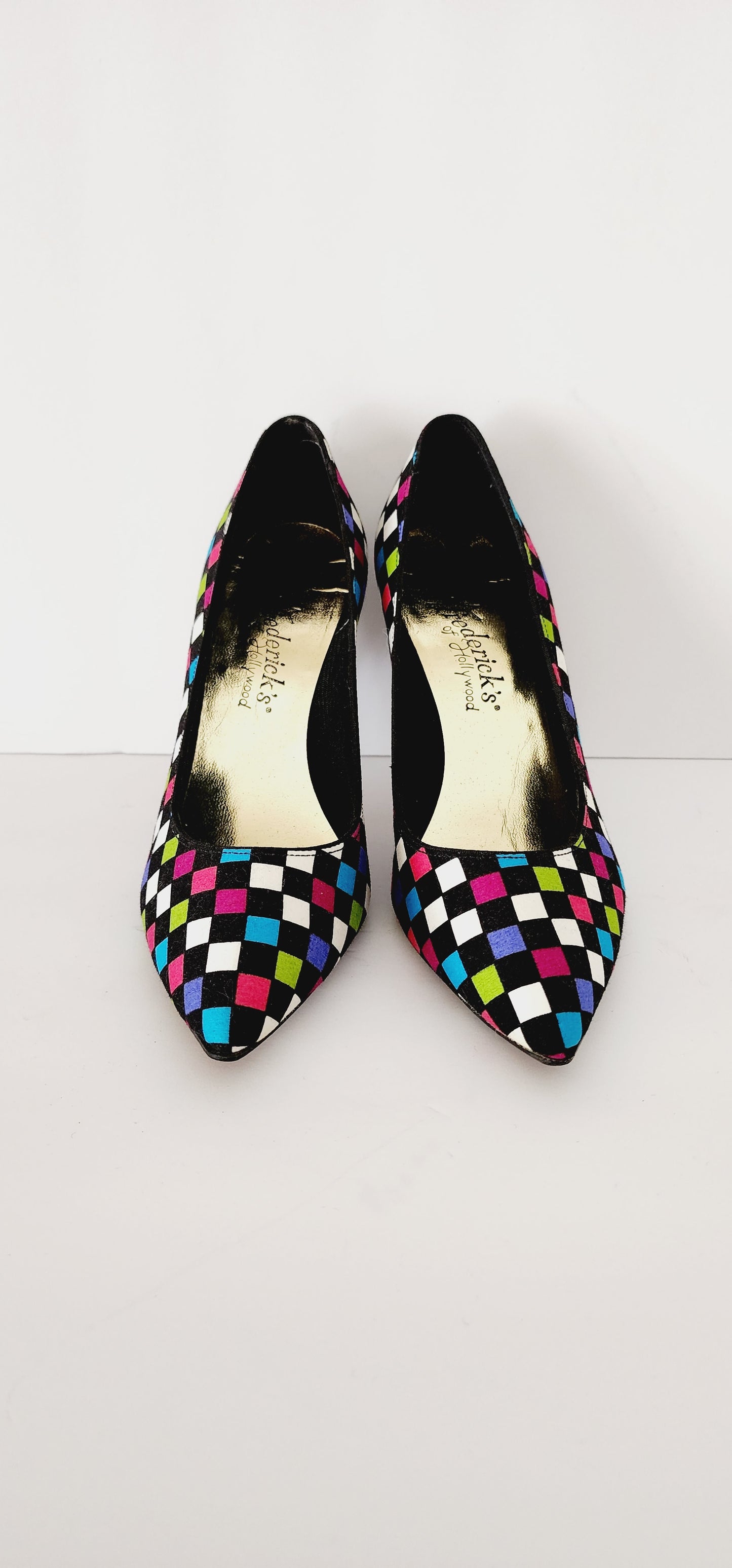 1980s High Heel Shoes Colorful Checked Print Pumps Fredericks of Hollywood size 8.5