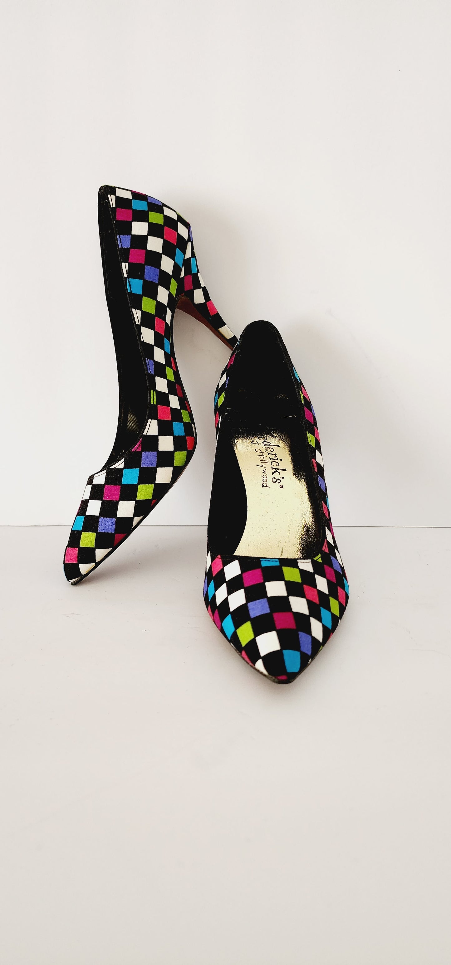 1980s High Heel Shoes Colorful Checked Print Pumps Fredericks of Hollywood size 8.5