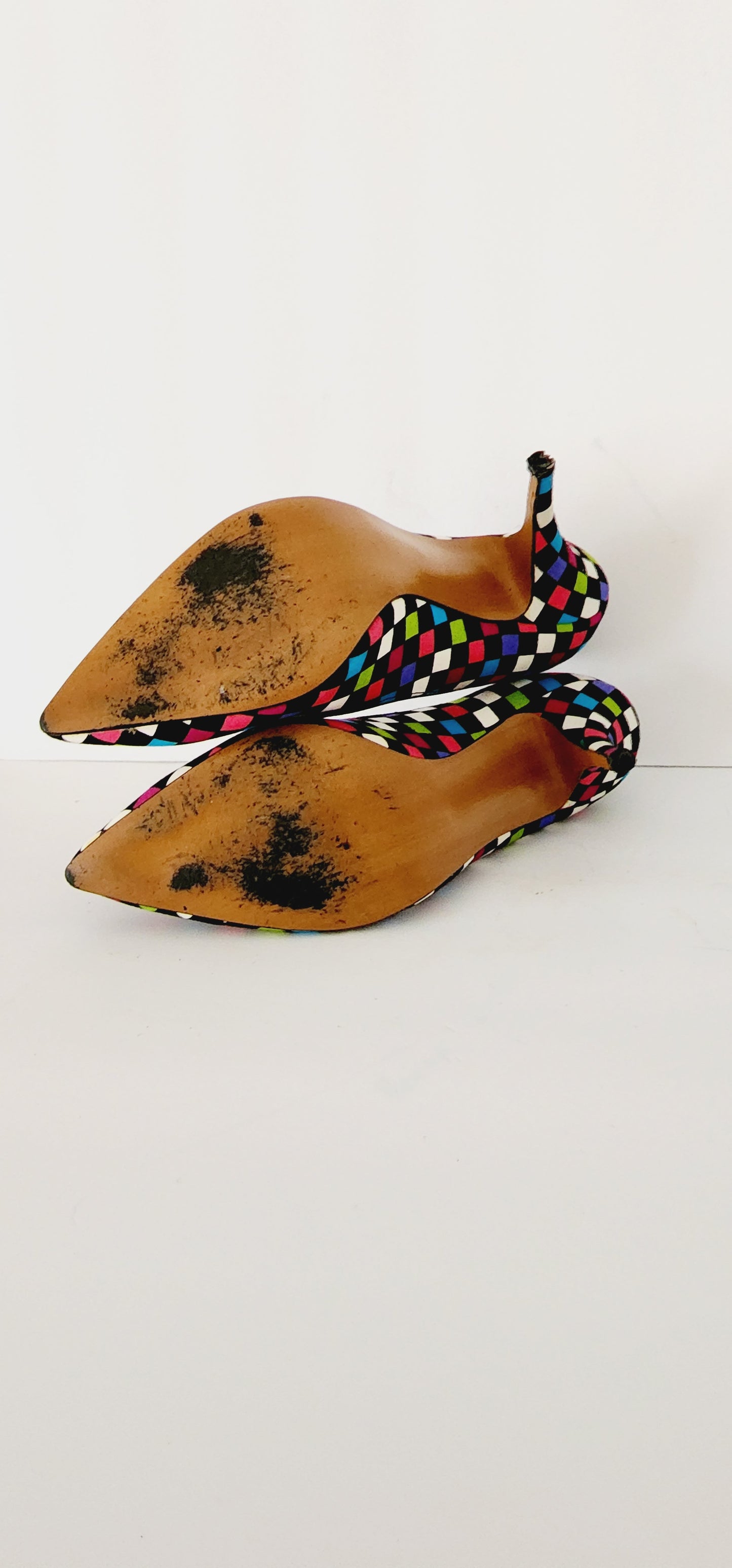 1980s High Heel Shoes Colorful Checked Print Pumps Fredericks of Hollywood size 8.5