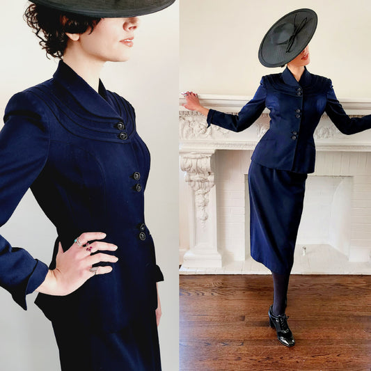 1950s Navy Blue Wool Skirt Suit Fitted Blazer w/ Accent Seaming Small by Leeds