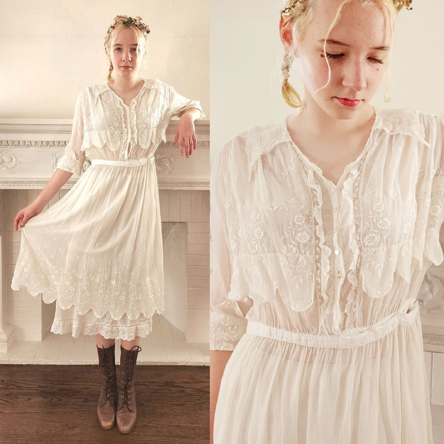 1910s White Cotton Lawn Dress Edwardian Tea Frock Floral Embroidery Lace Small