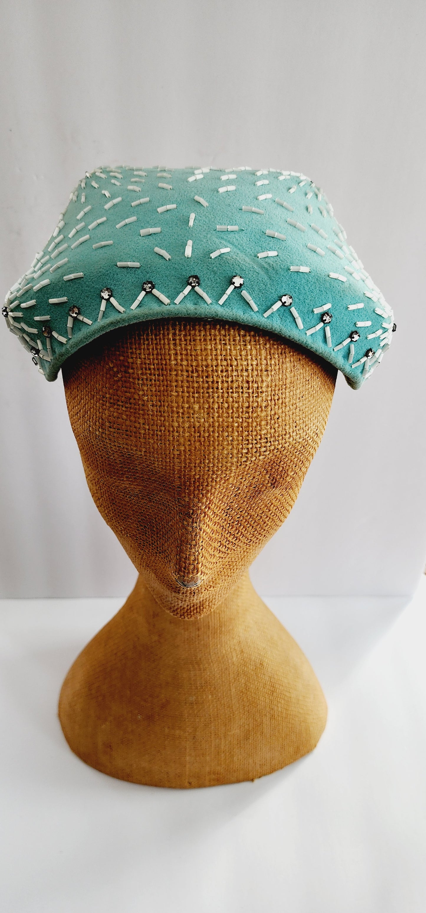50s Pale Blue Cocktail Hat w/Mother of Pearl Beading Handmade