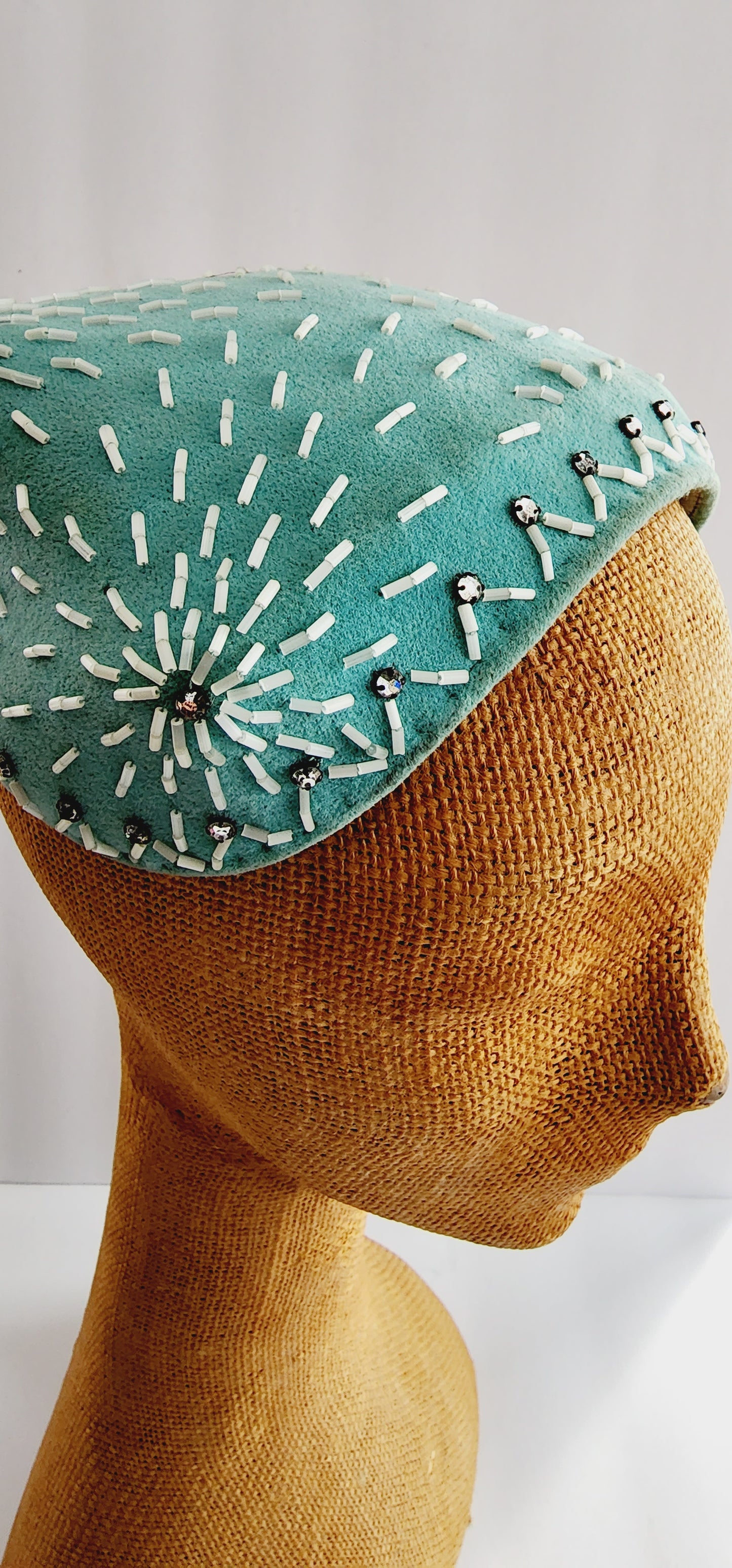 50s Pale Blue Cocktail Hat w/Mother of Pearl Beading Handmade