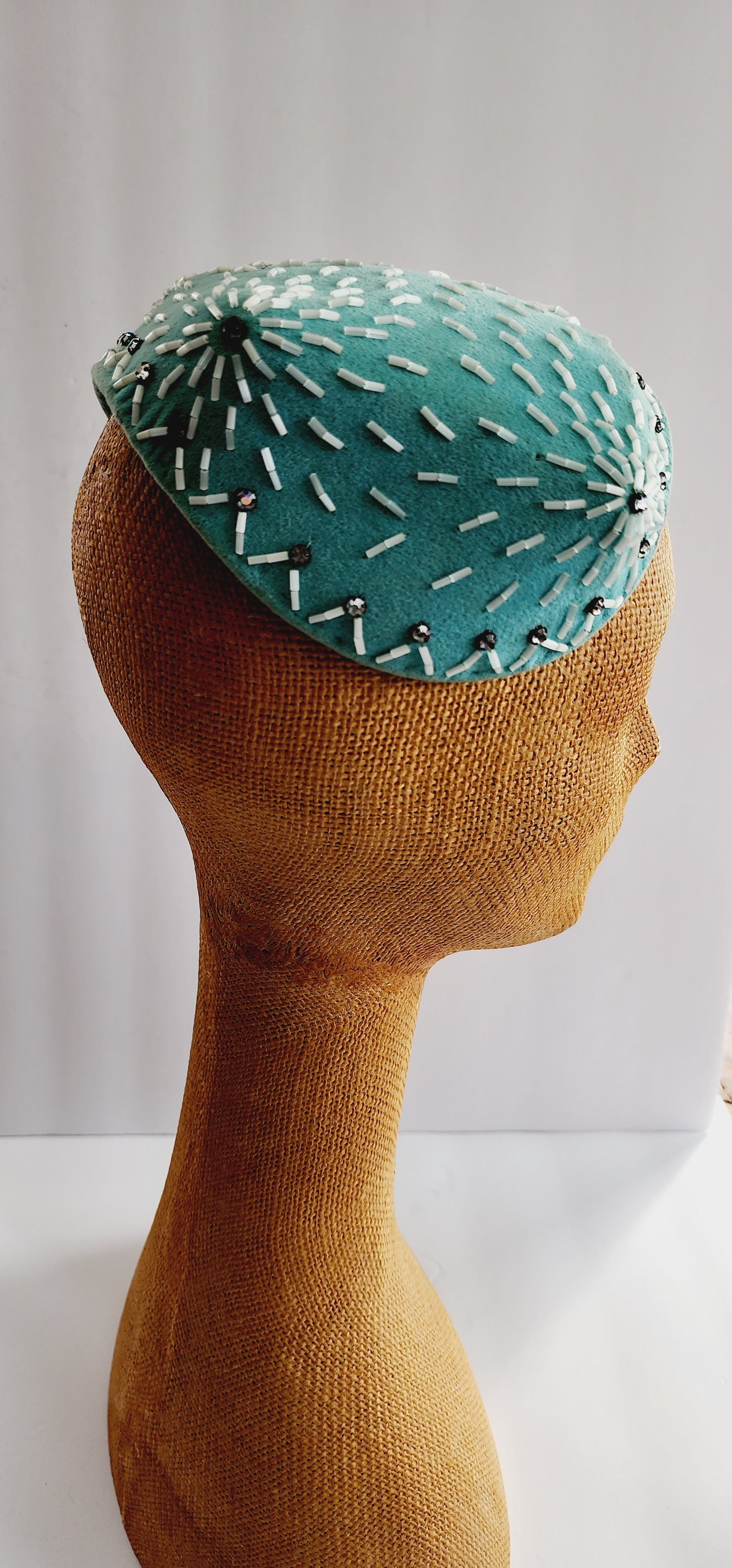50s Pale Blue Cocktail Hat w/Mother of Pearl Beading Handmade