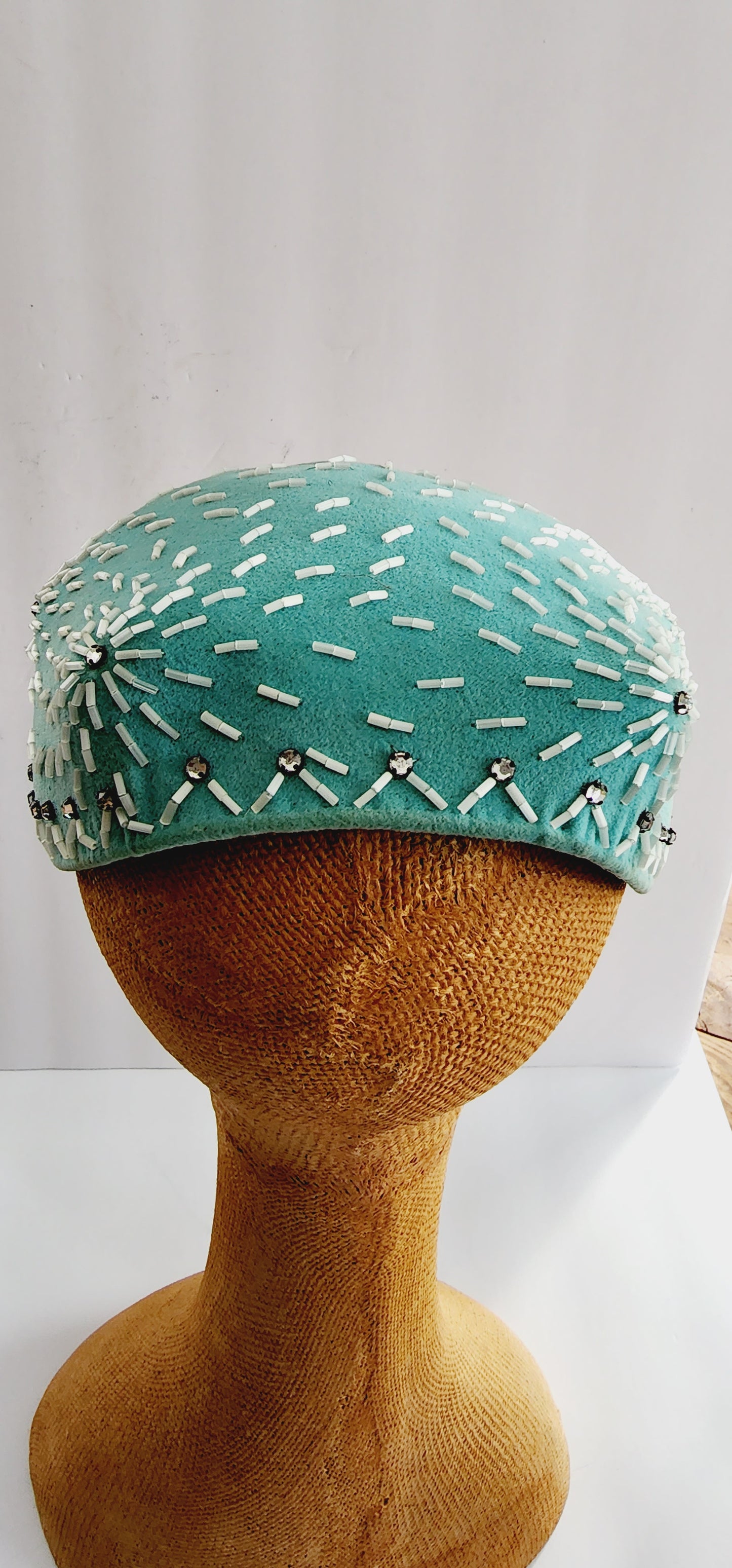 50s Pale Blue Cocktail Hat w/Mother of Pearl Beading Handmade