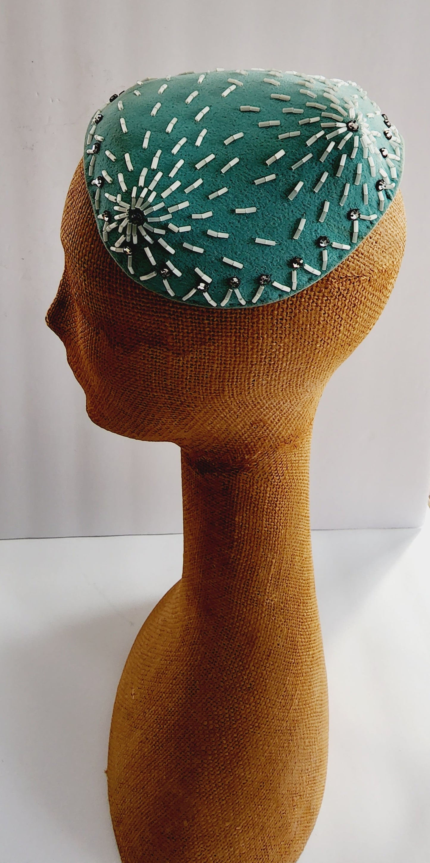 50s Pale Blue Cocktail Hat w/Mother of Pearl Beading Handmade