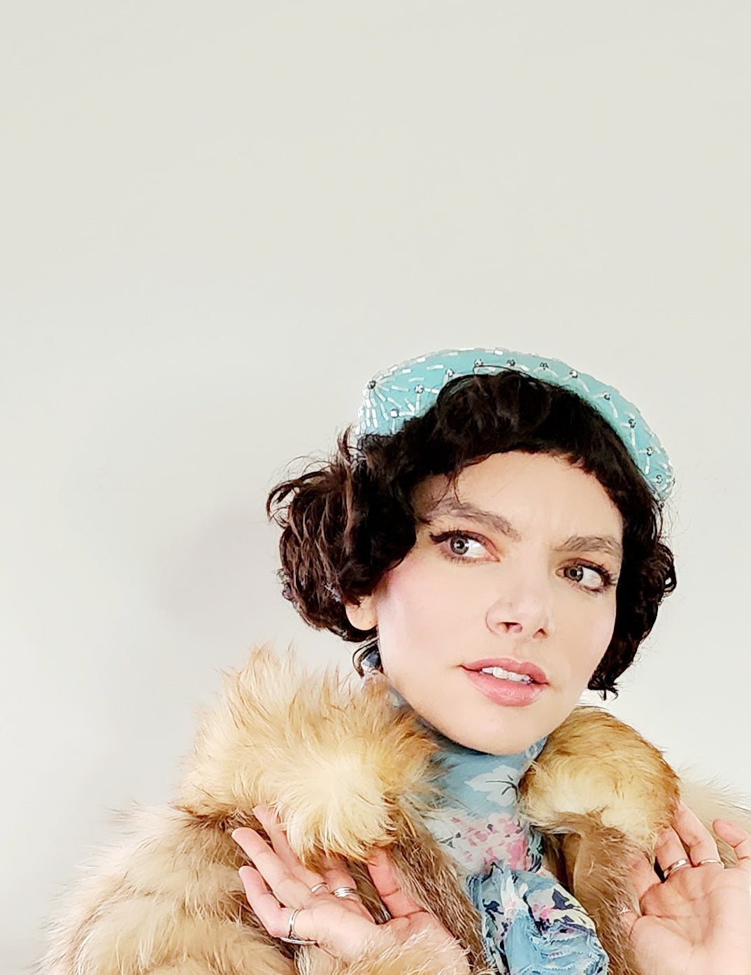 50s Pale Blue Cocktail Hat w/Mother of Pearl Beading Handmade