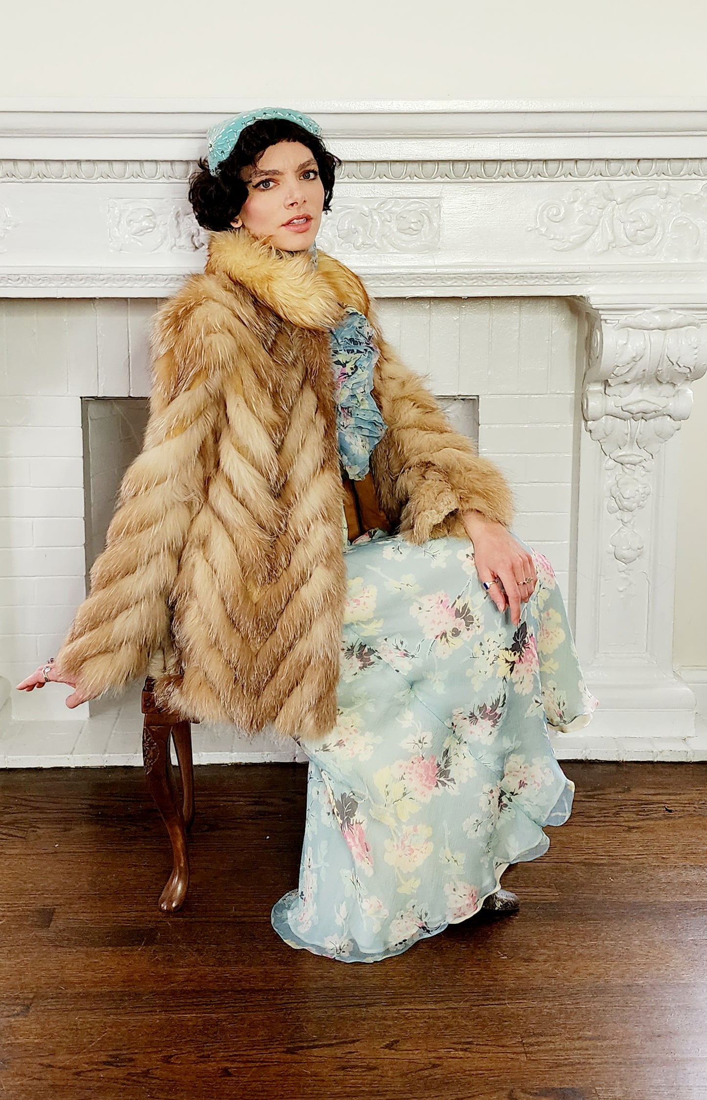 70s Red Fox Fur Stroller Jacket Chevron Patterned in Caramel Brown