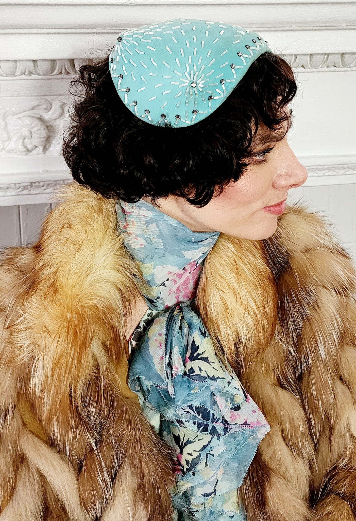 50s Pale Blue Cocktail Hat w/Mother of Pearl Beading Handmade
