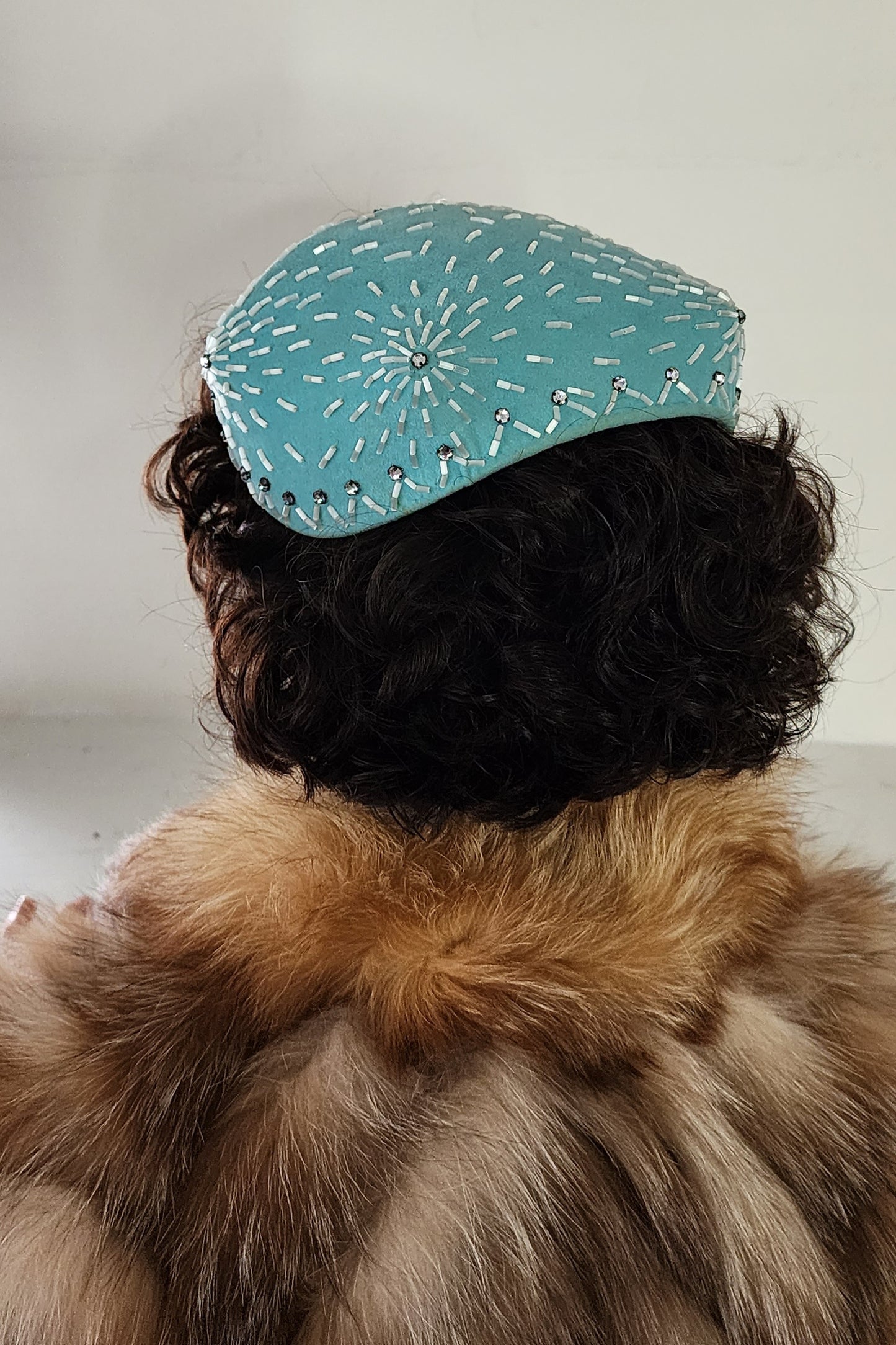 50s Pale Blue Cocktail Hat w/Mother of Pearl Beading Handmade