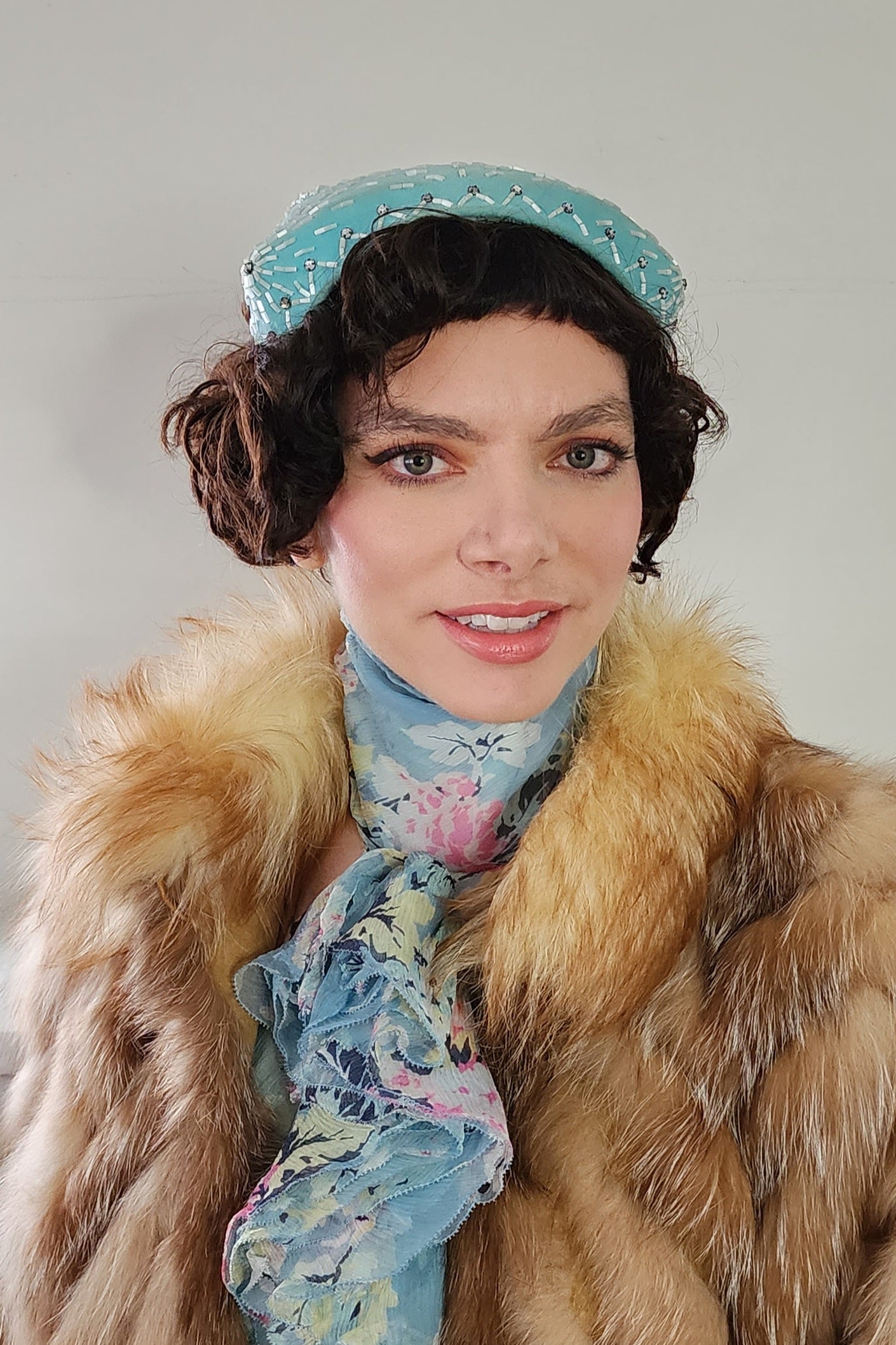 50s Pale Blue Cocktail Hat w/Mother of Pearl Beading Handmade
