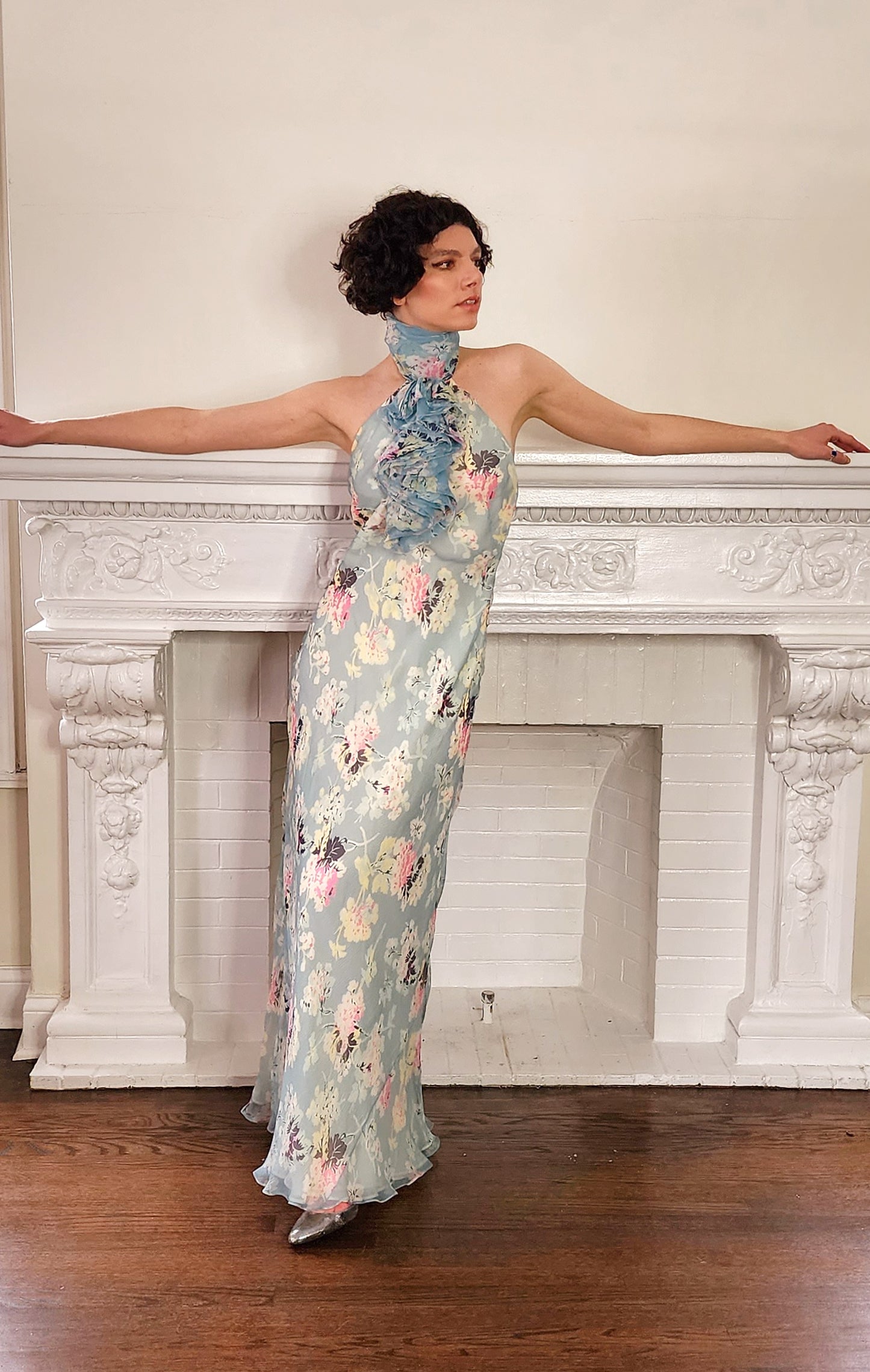 90s Does 30s Silkprint Flower Dress with Halter Top Jabot, Sleeveless S