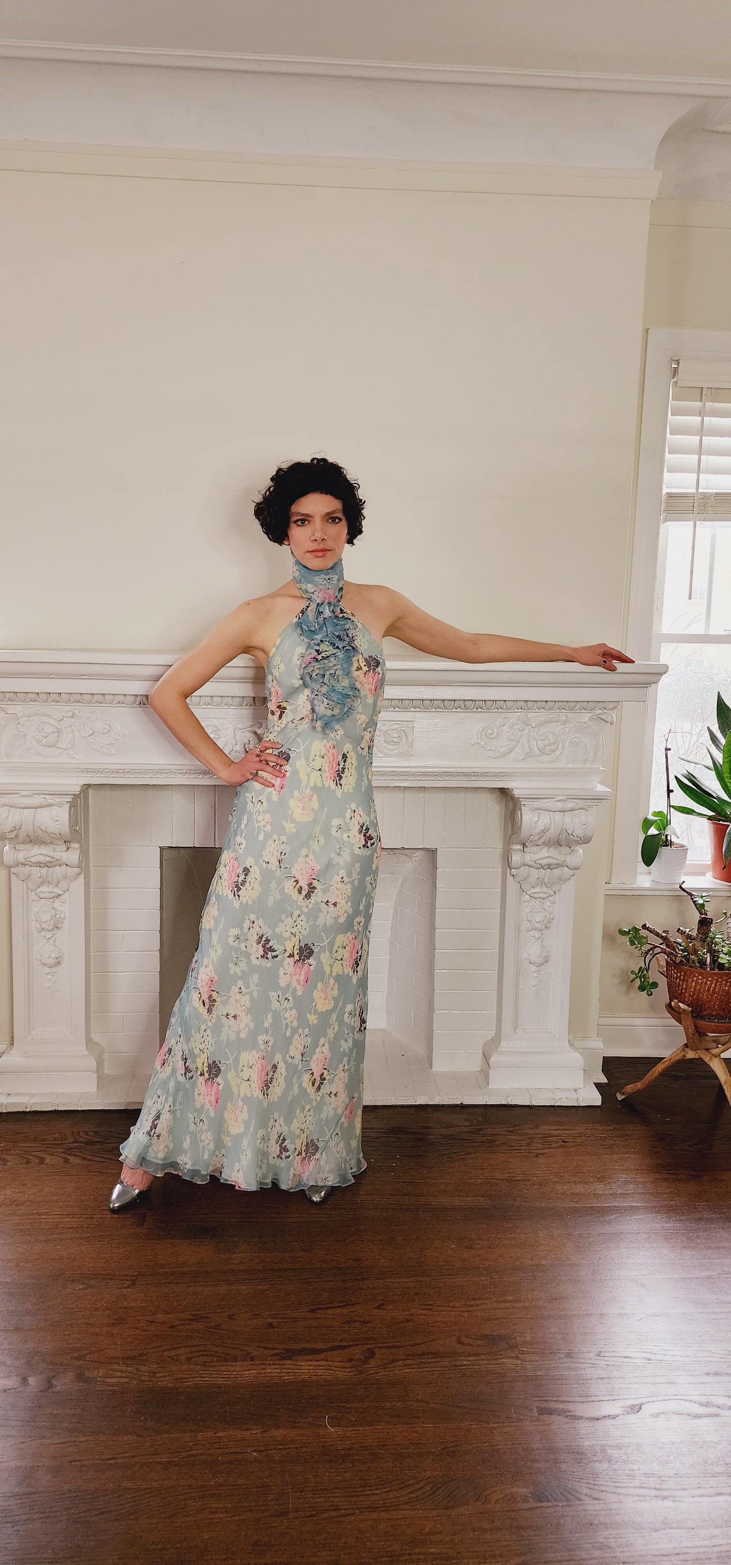 90s Does 30s Silkprint Flower Dress with Halter Top Jabot, Sleeveless S