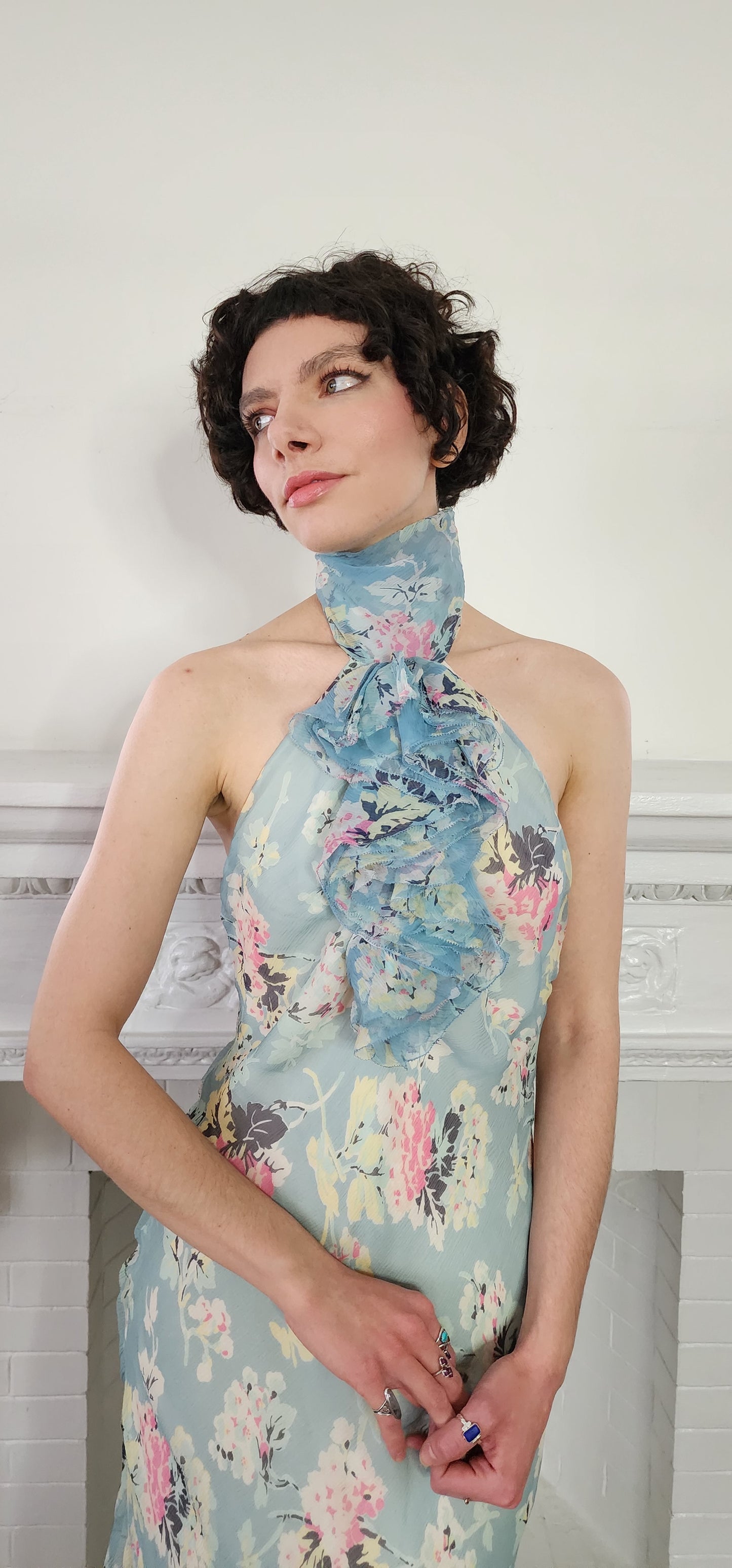 90s Does 30s Silkprint Flower Dress with Halter Top Jabot, Sleeveless S