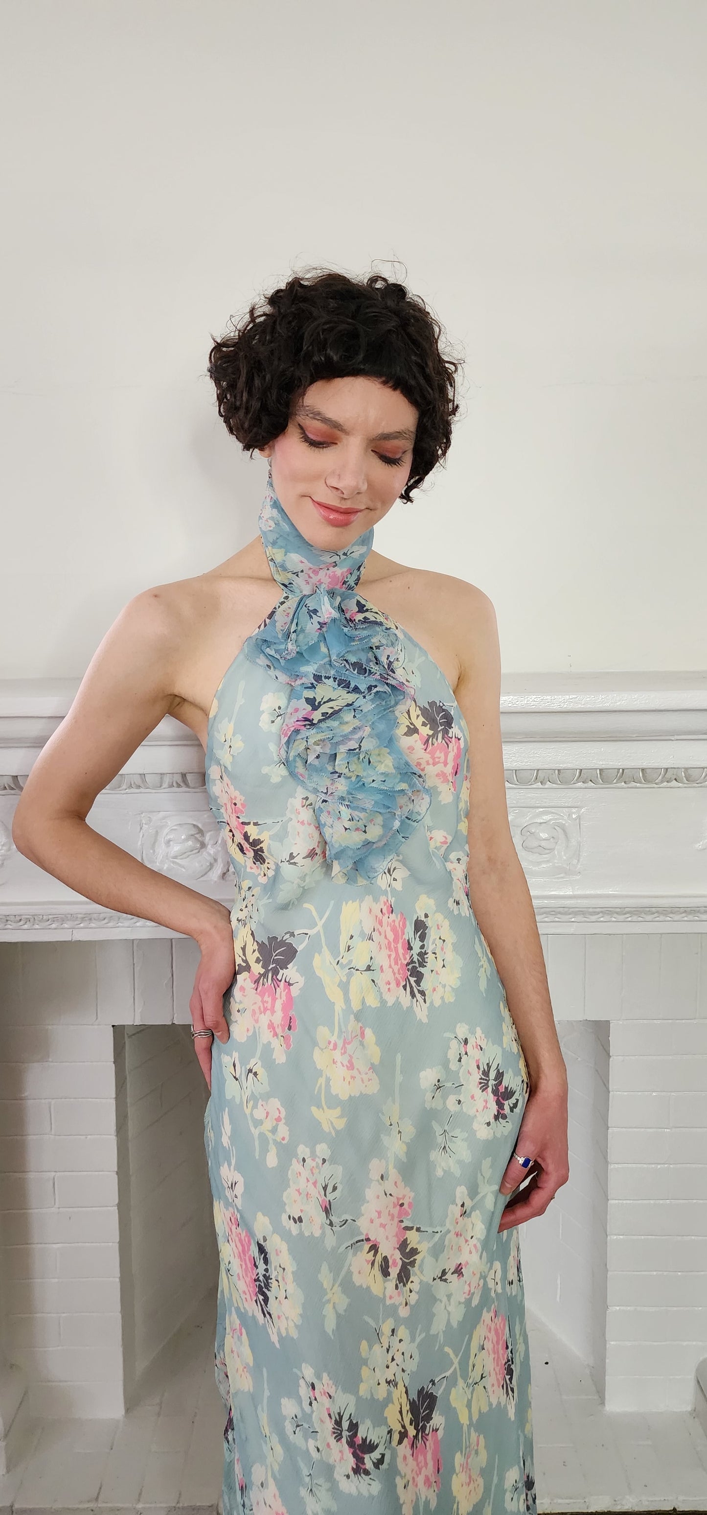 90s Does 30s Silkprint Flower Dress with Halter Top Jabot, Sleeveless S