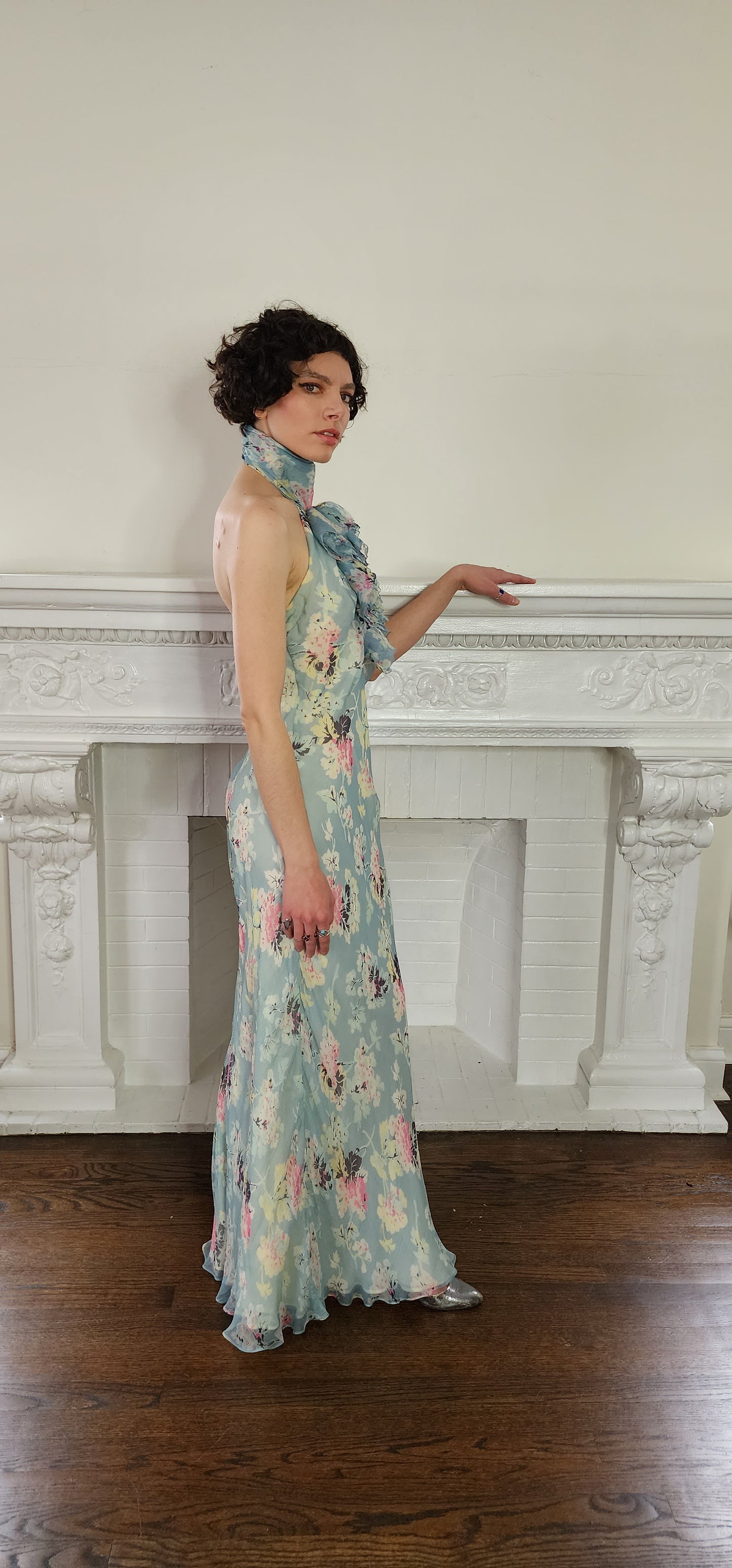 90s Does 30s Silkprint Flower Dress with Halter Top Jabot, Sleeveless S