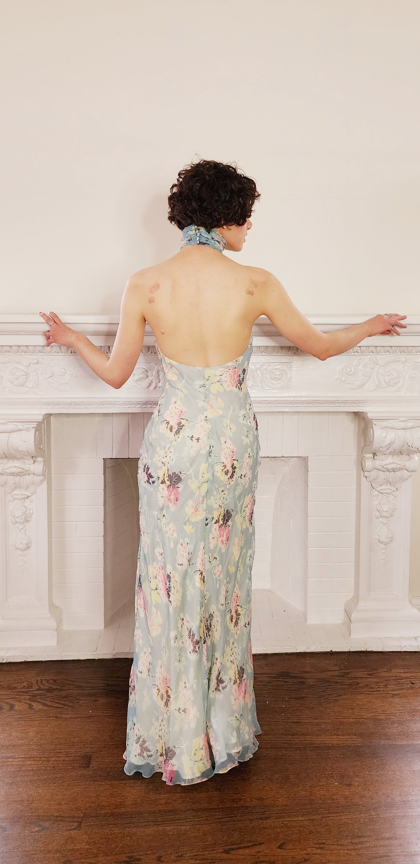 90s Does 30s Silkprint Flower Dress with Halter Top Jabot, Sleeveless S