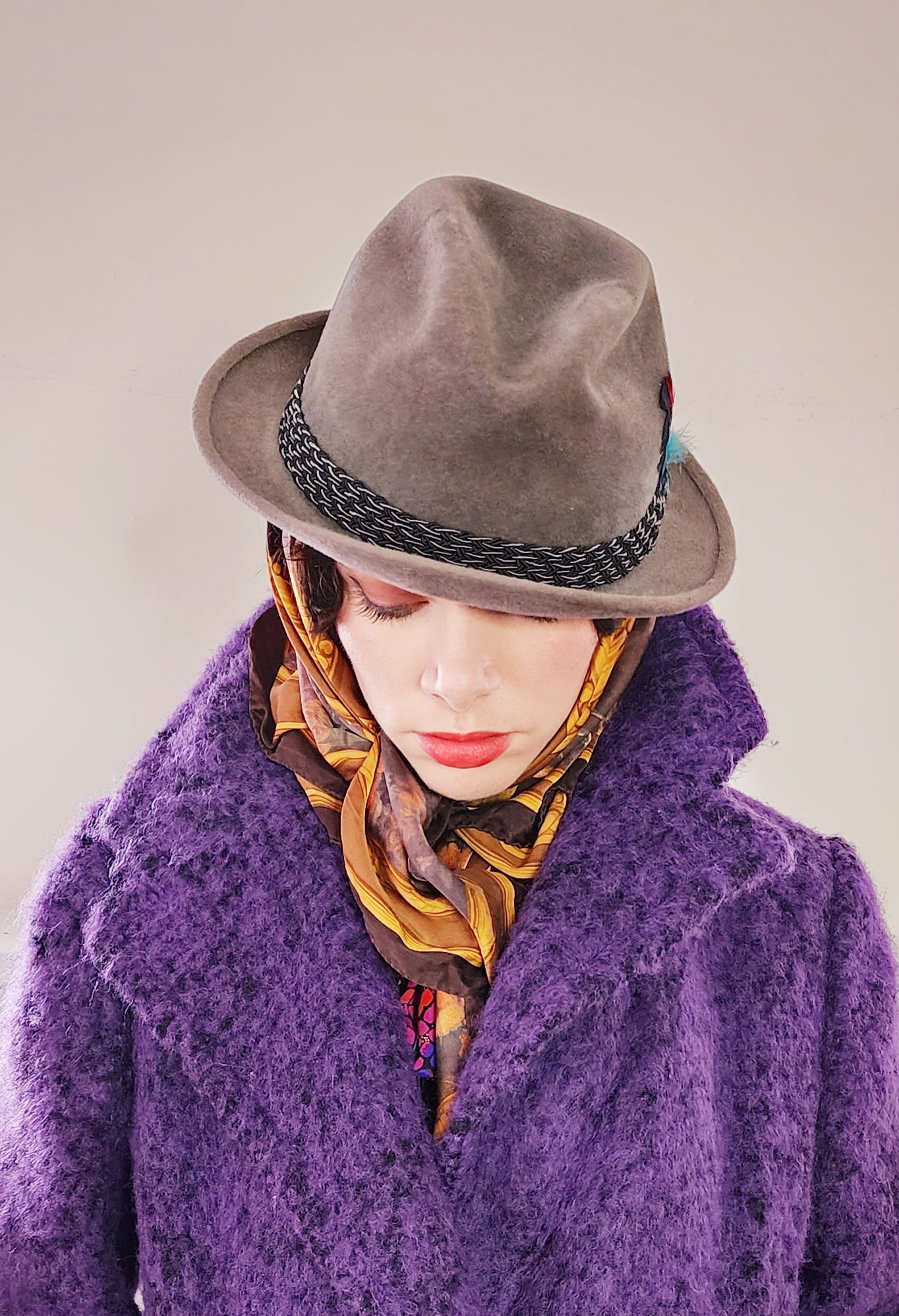 60s Mens Gray Fedora w/Feather in Brushed Wool by Mallory