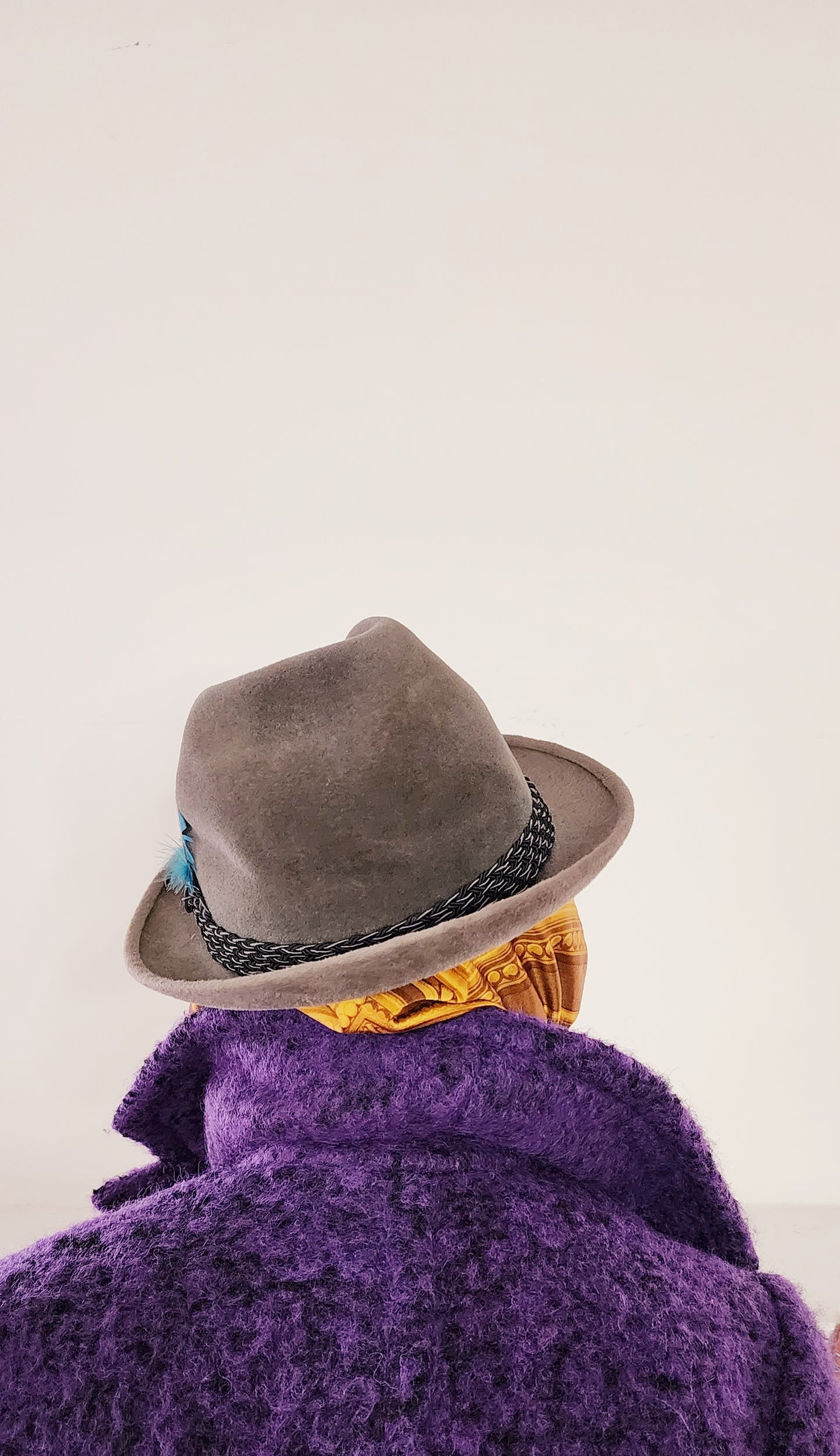 60s Mens Gray Fedora w/Feather in Brushed Wool by Mallory