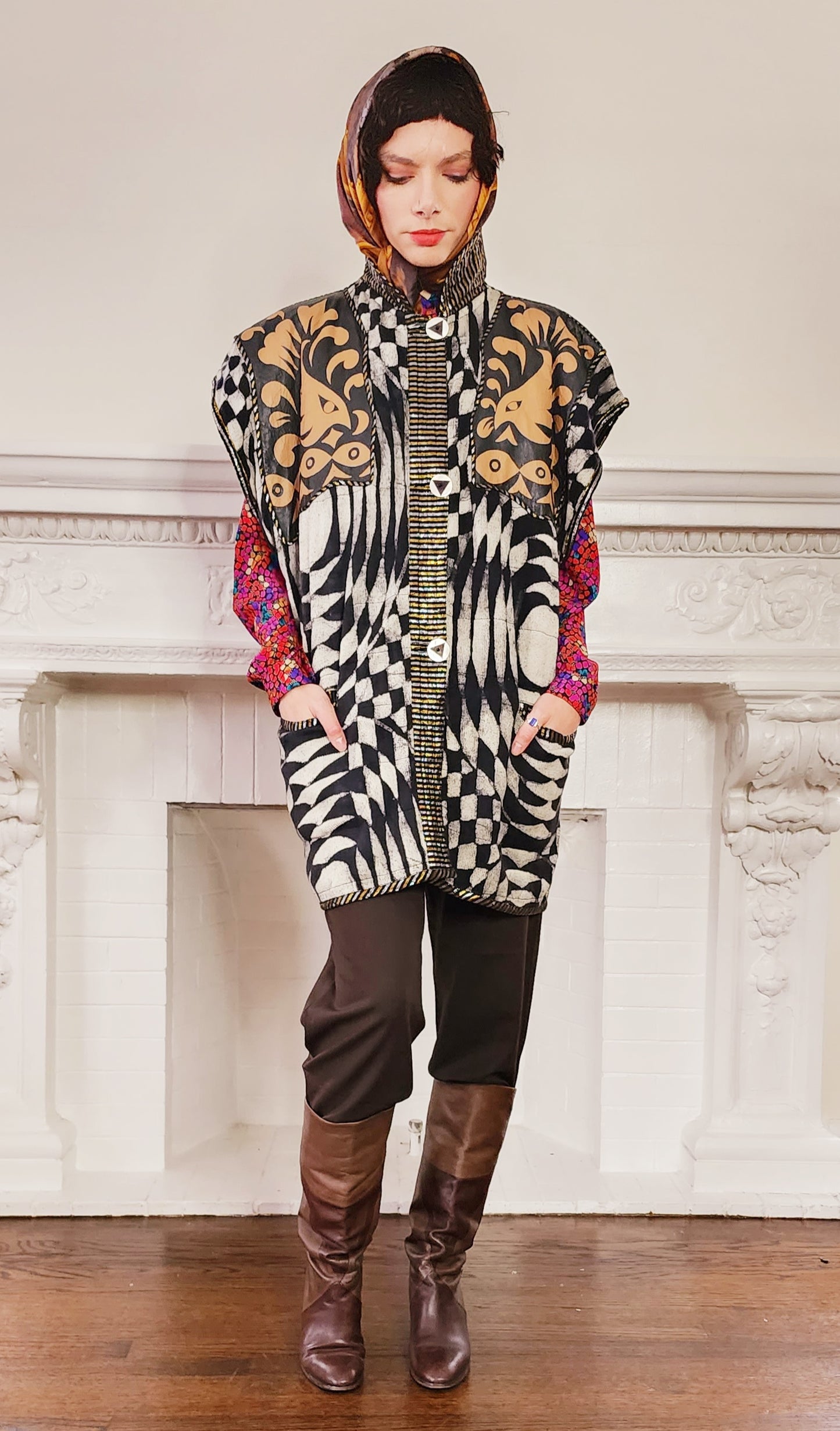 90s Artisinal Handmade Jacket Tunic Vest Reversible in Mixed Media & Leather by Nadya Bali