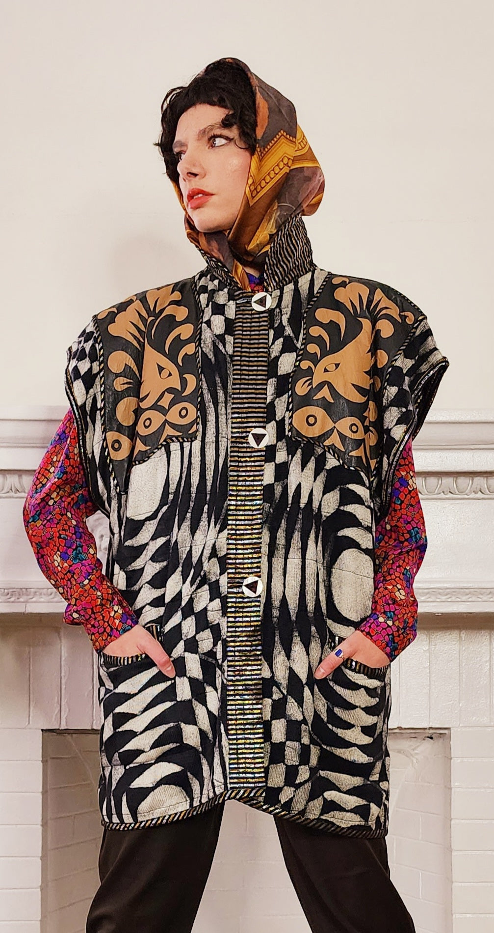 90s Artisinal Handmade Jacket Tunic Vest Reversible in Mixed Media & Leather by Nadya Bali