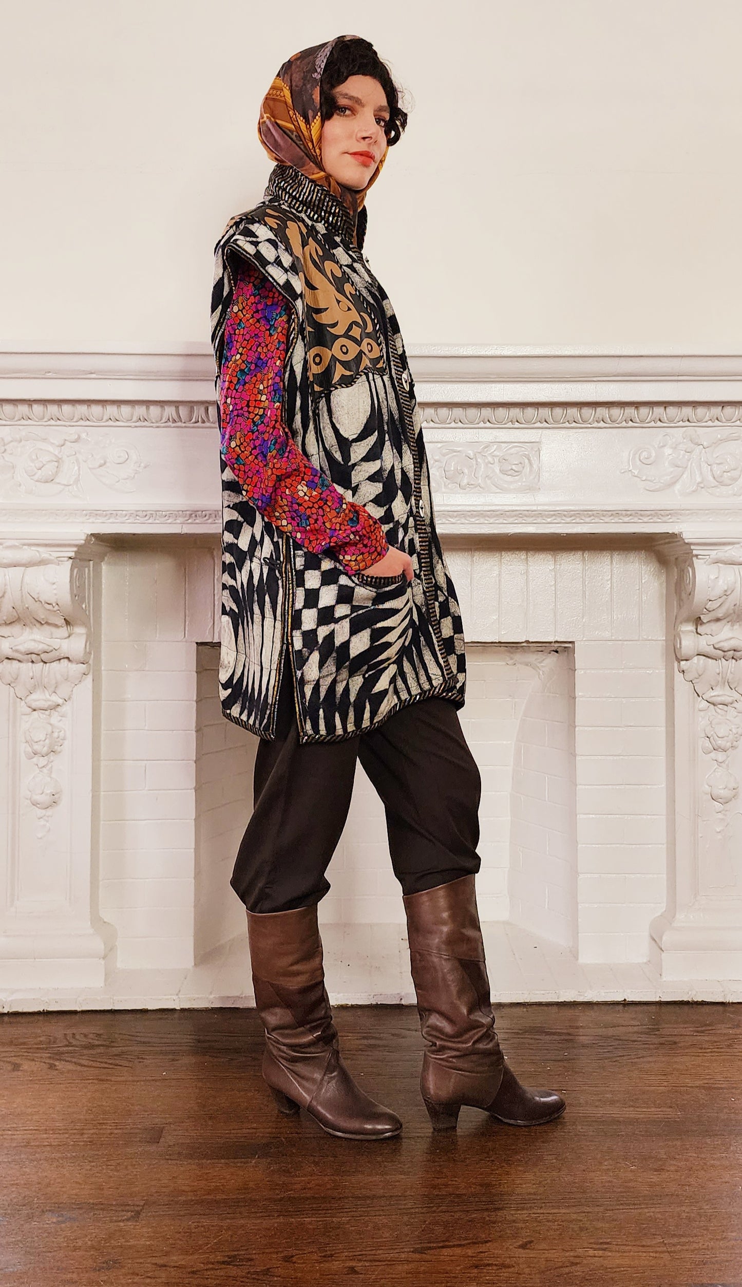 90s Artisinal Handmade Jacket Tunic Vest Reversible in Mixed Media & Leather by Nadya Bali