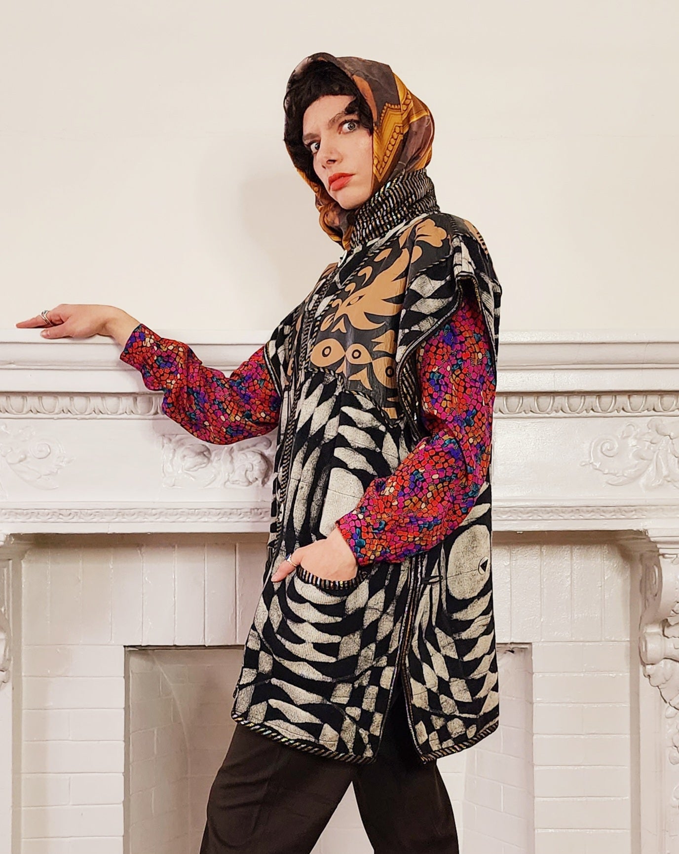 90s Artisinal Handmade Jacket Tunic Vest Reversible in Mixed Media & Leather by Nadya Bali