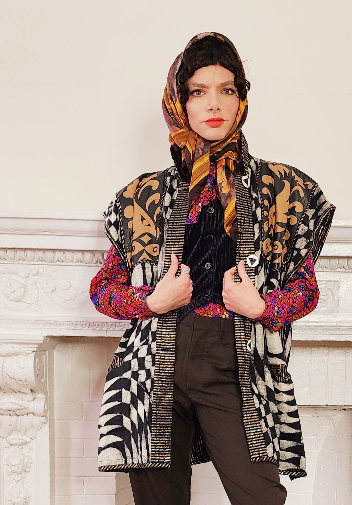 90s Artisinal Handmade Jacket Tunic Vest Reversible in Mixed Media & Leather by Nadya Bali