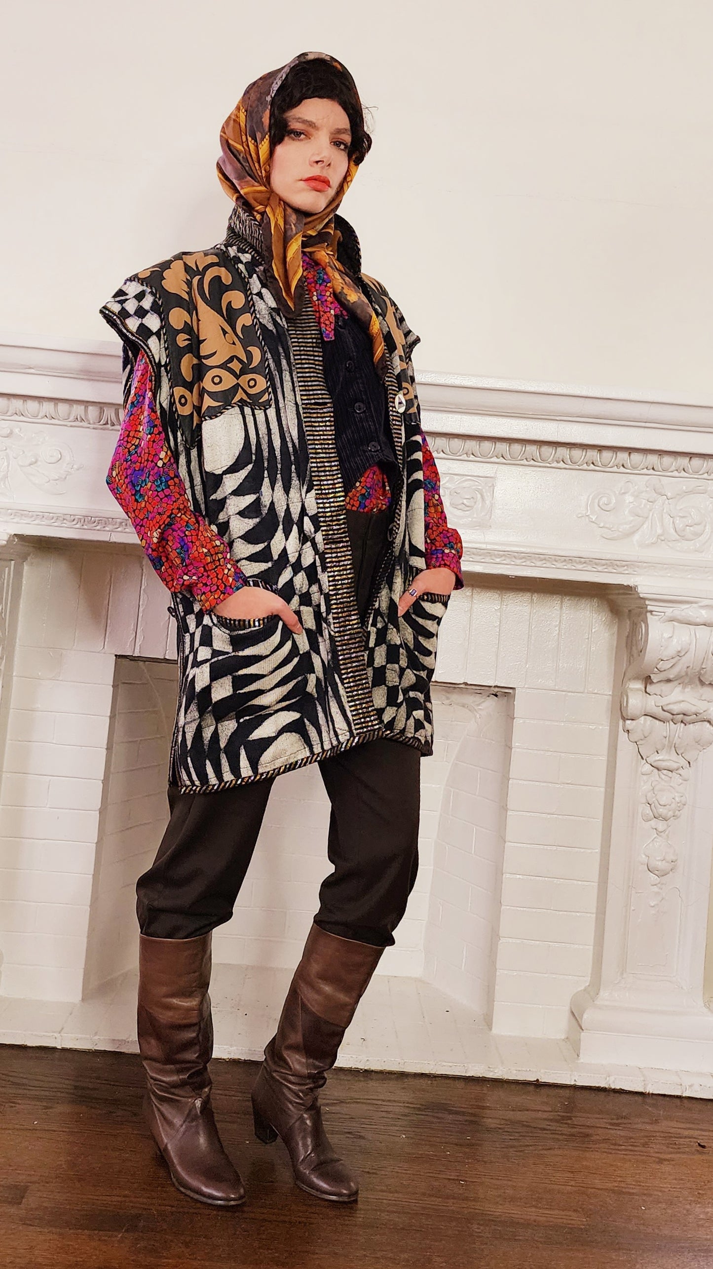 90s Artisinal Handmade Jacket Tunic Vest Reversible in Mixed Media & Leather by Nadya Bali