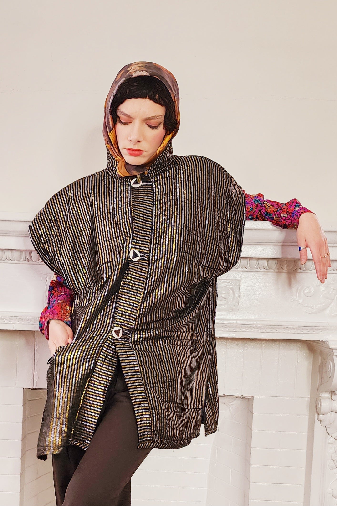 90s Artisinal Handmade Jacket Tunic Vest Reversible in Mixed Media & Leather by Nadya Bali