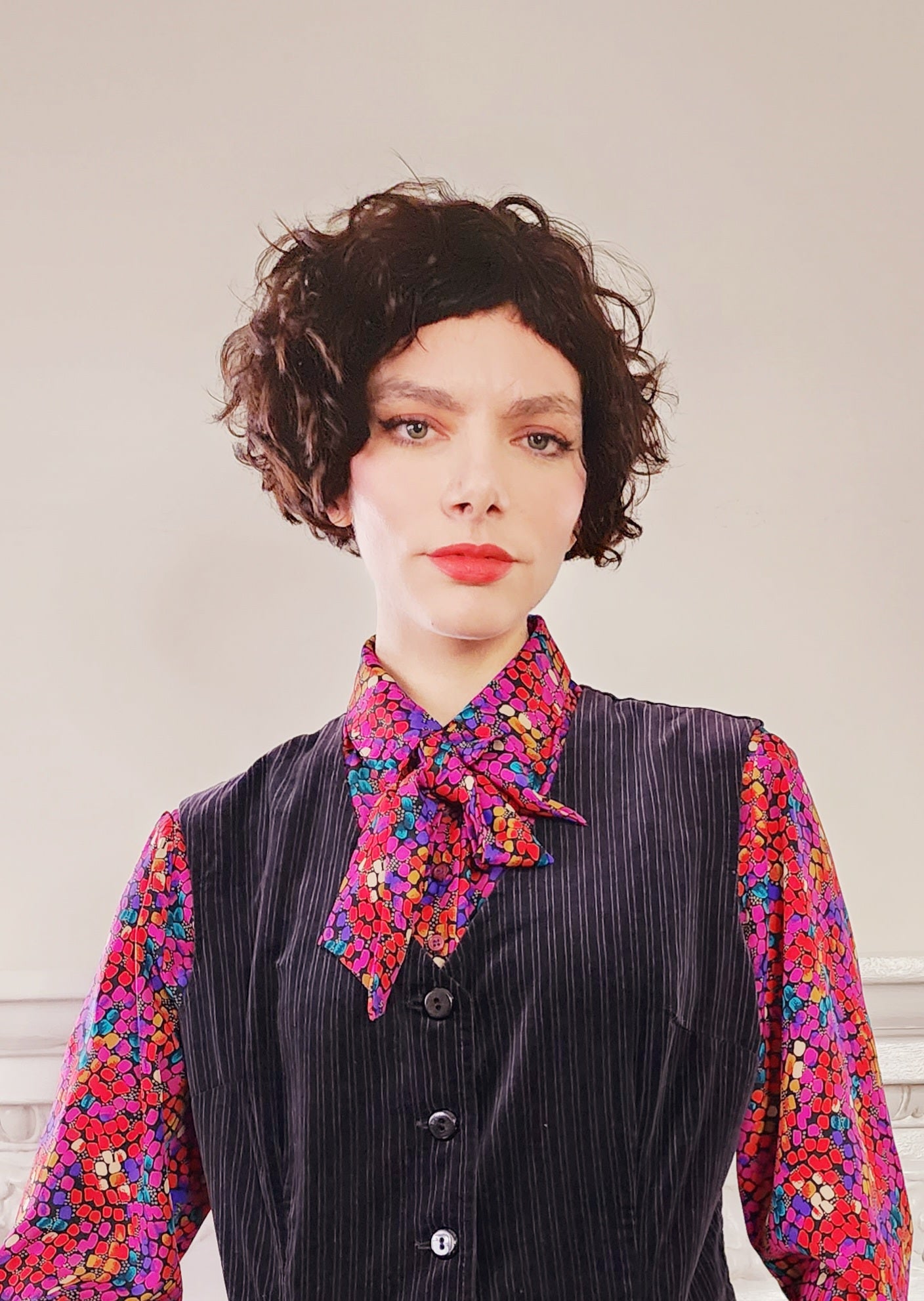 1970s Black Velvet Vest with Button Down Front Medium