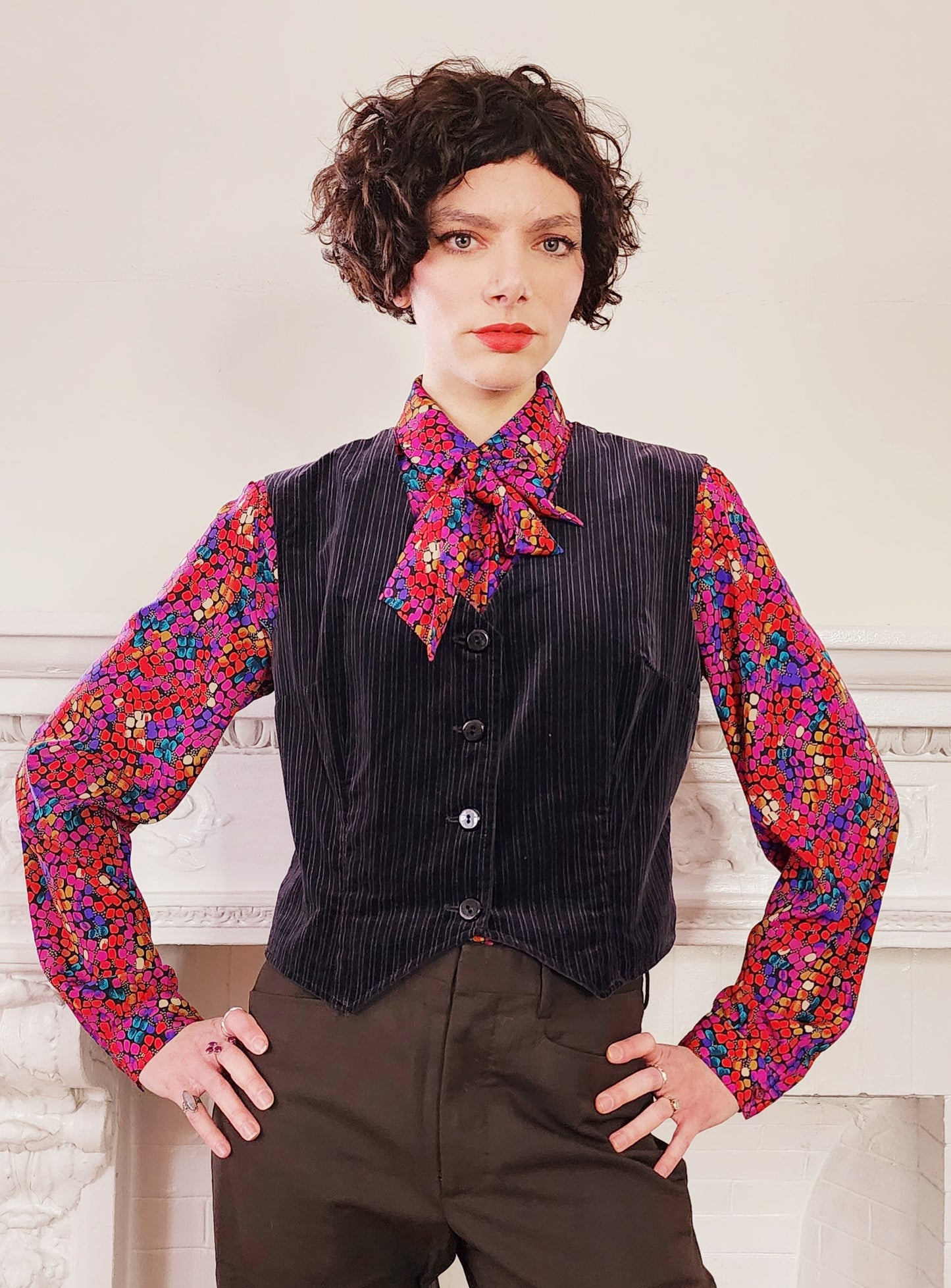 1970s Black Velvet Vest with Button Down Front Medium