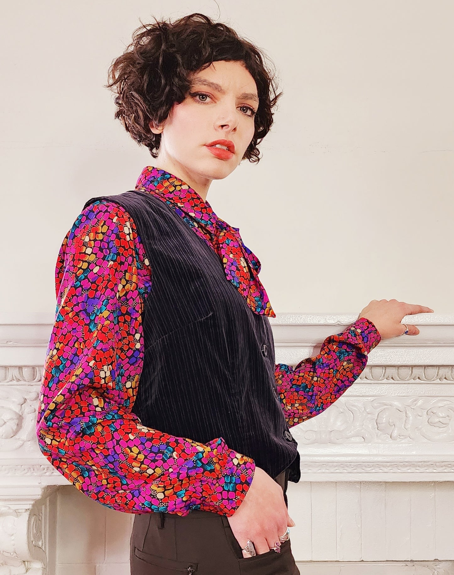 1970s Black Velvet Vest with Button Down Front Medium