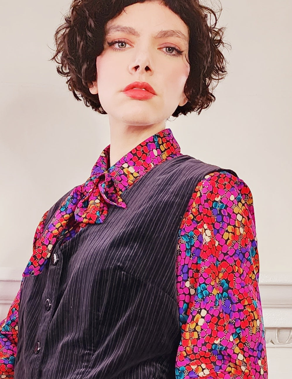 1970s Black Velvet Vest with Button Down Front Medium