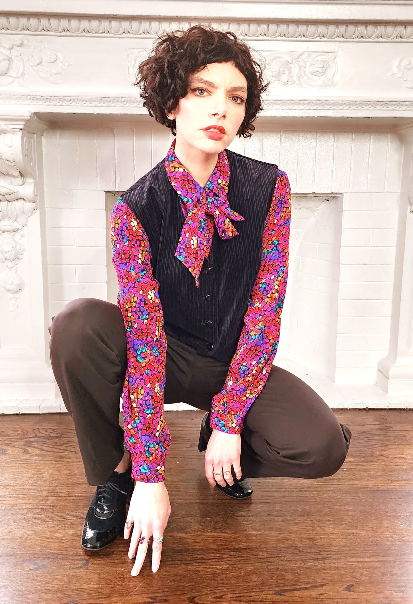 1970s Black Velvet Vest with Button Down Front Medium