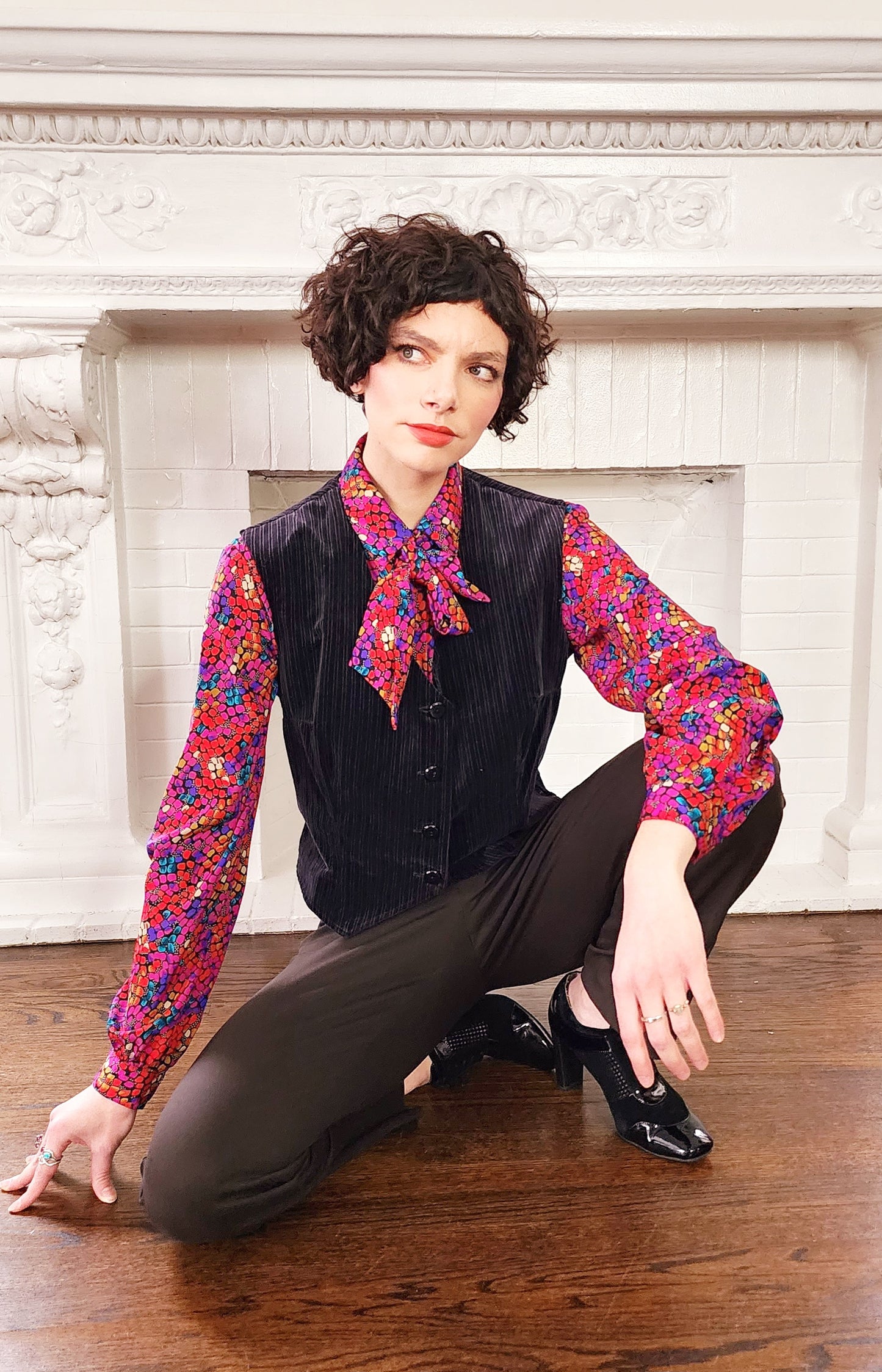 1970s Black Velvet Vest with Button Down Front Medium