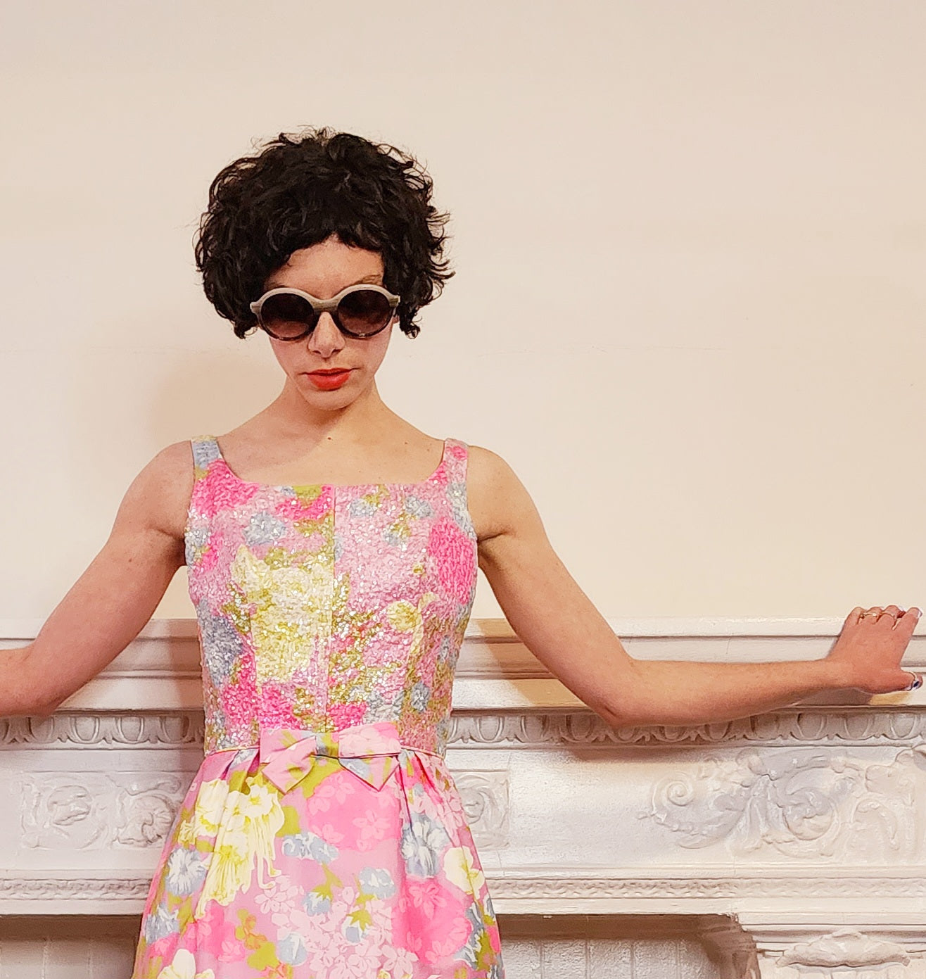 60s Pink Sequined Party Dress w/Floral Print, Sleeveless S by Mardi Gras