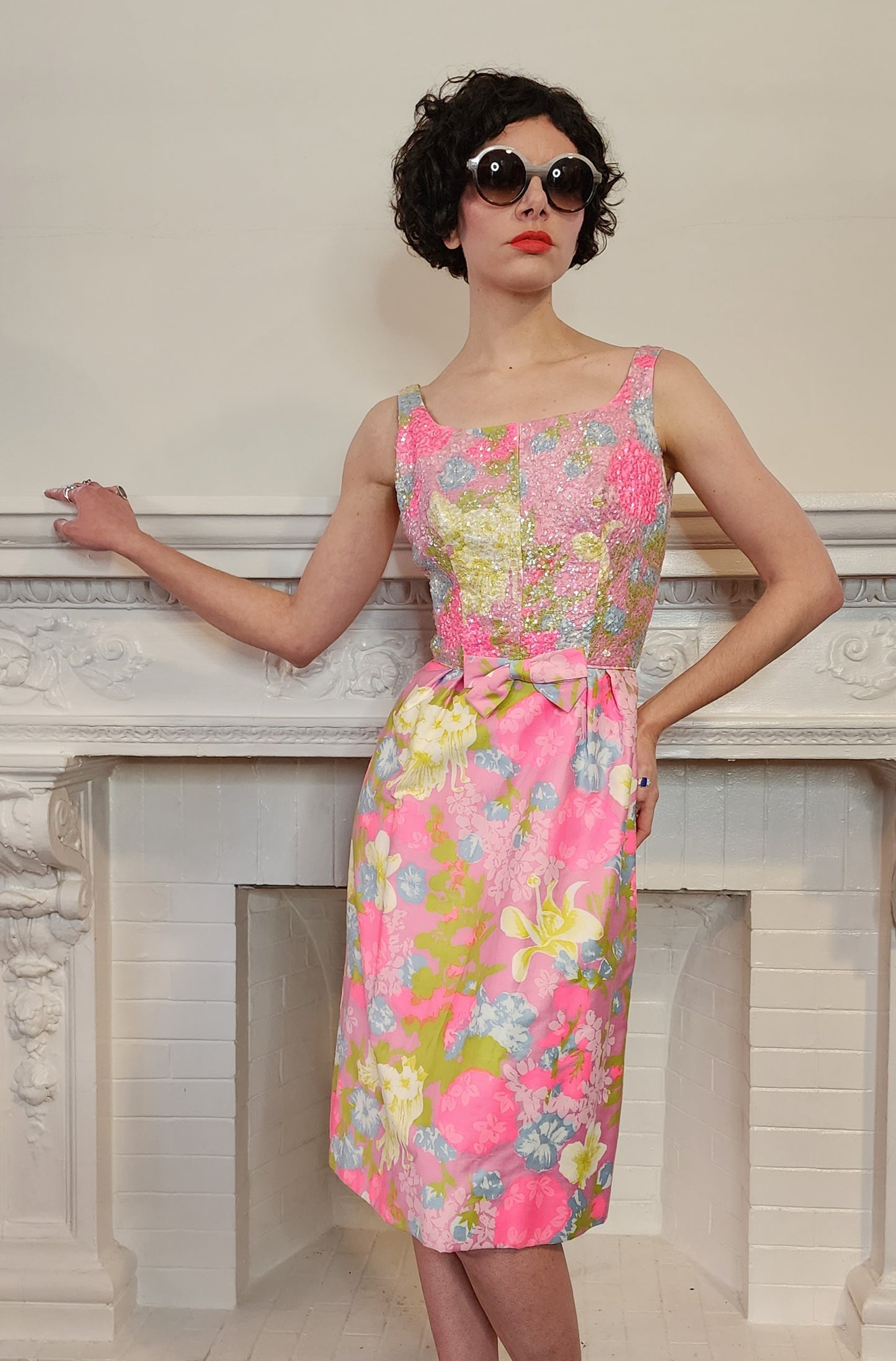 60s Pink Sequined Party Dress w/Floral Print, Sleeveless S by Mardi Gras