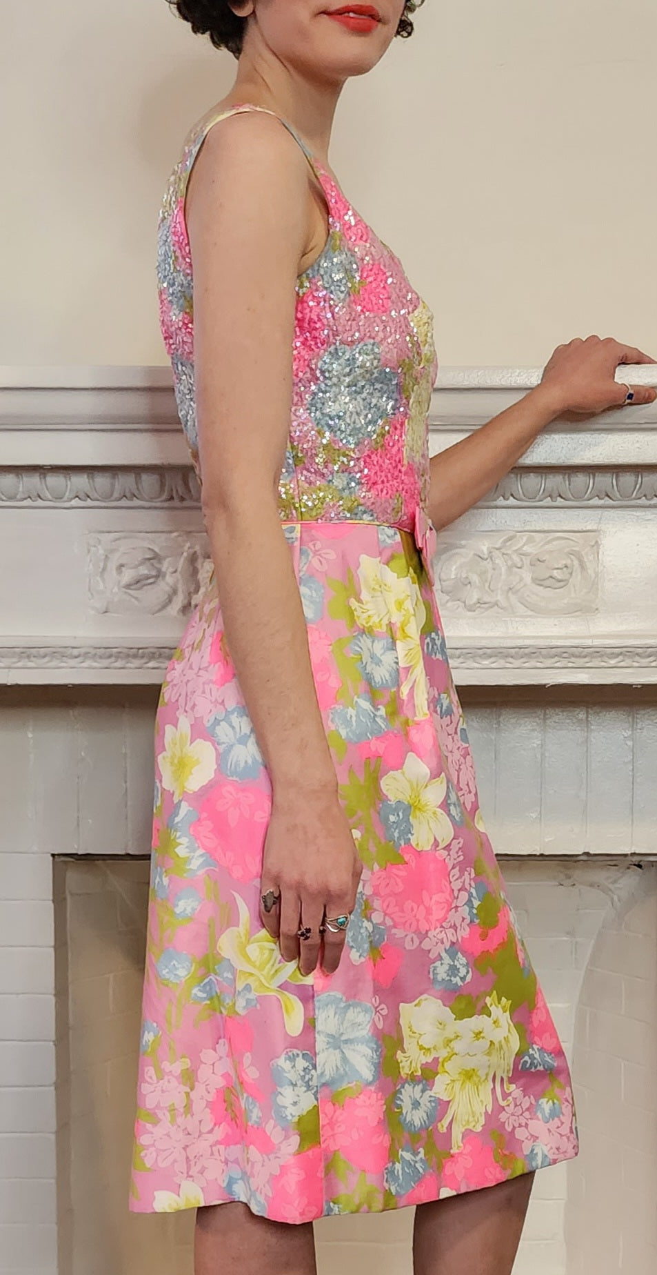 60s Pink Sequined Party Dress w/Floral Print, Sleeveless S by Mardi Gras