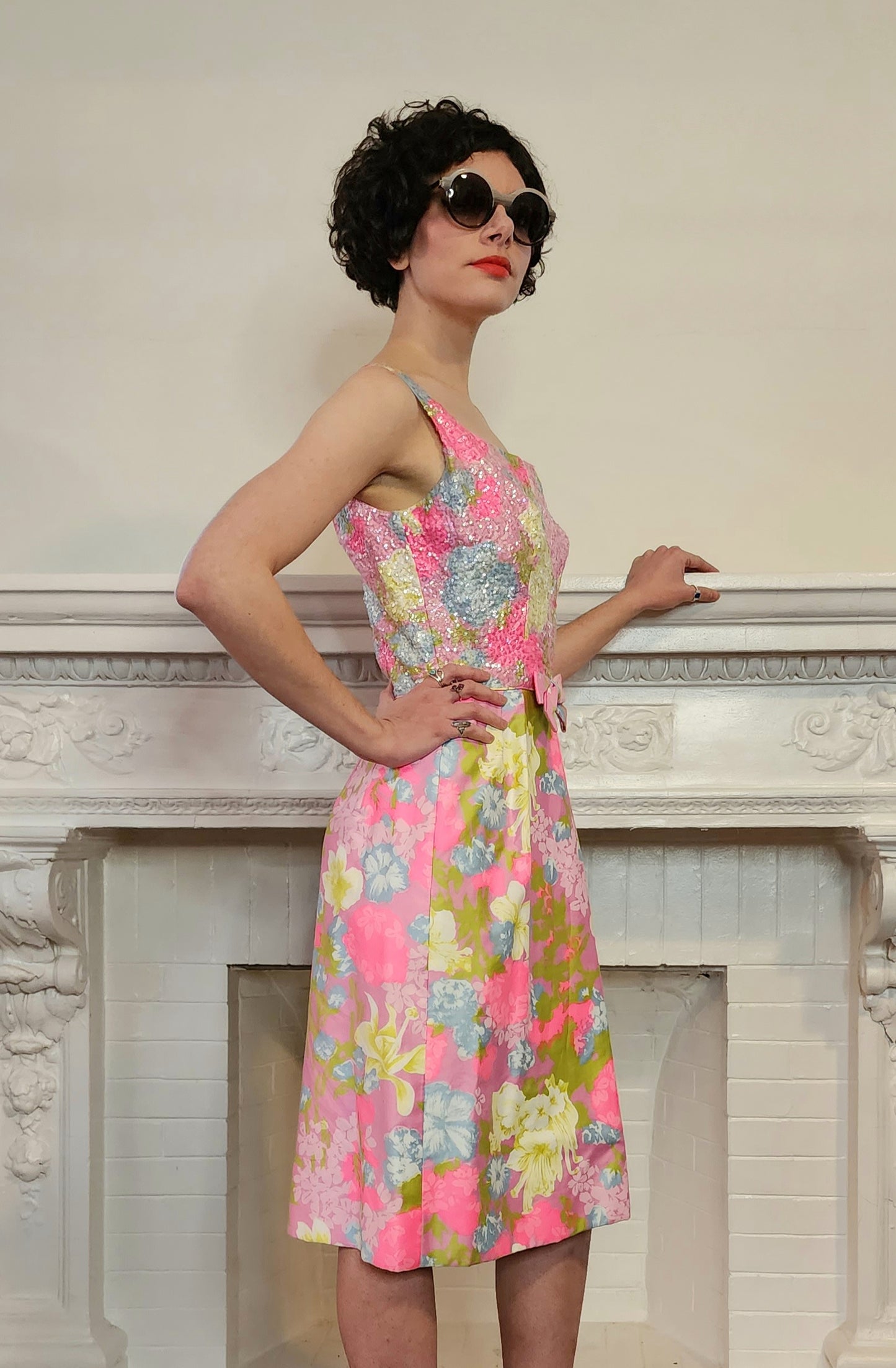 60s Pink Sequined Party Dress w/Floral Print, Sleeveless S by Mardi Gras