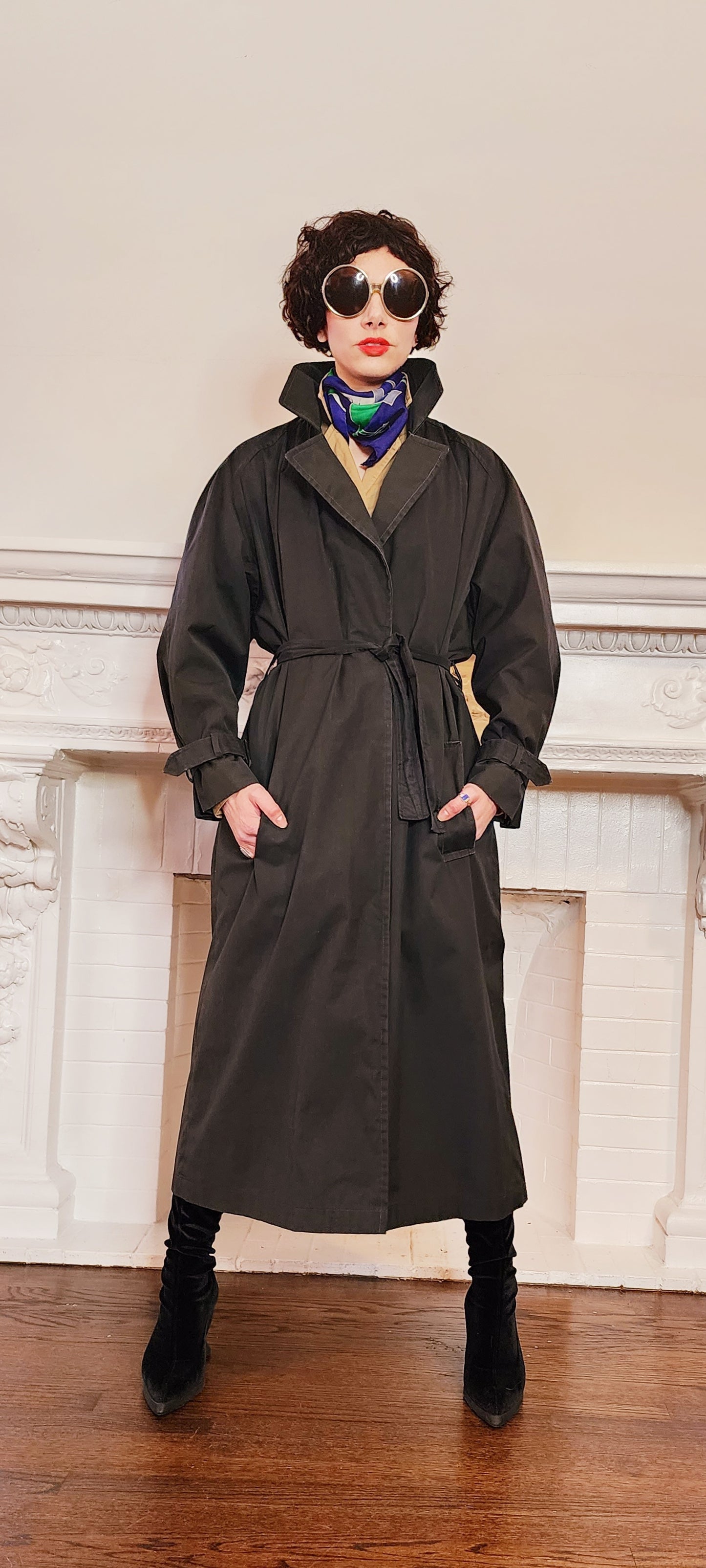 80s Black Trench Coat Anne Klein Rainwear with Belt / L