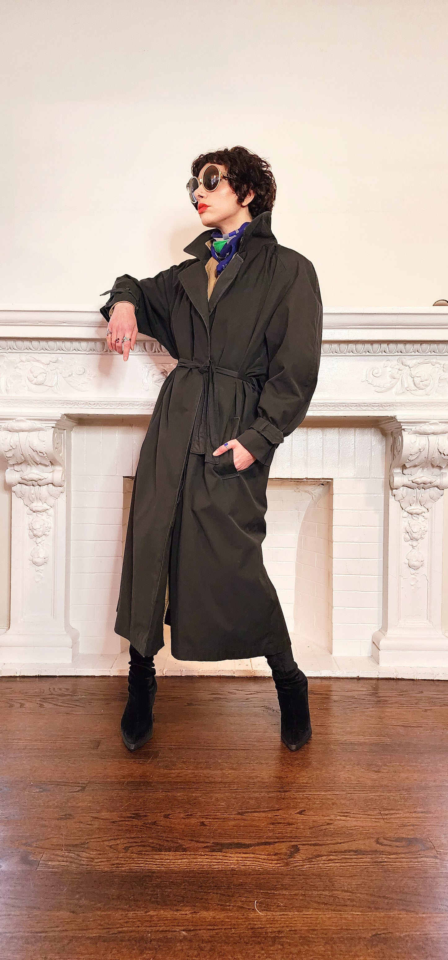 80s Black Trench Coat Anne Klein Rainwear with Belt / L