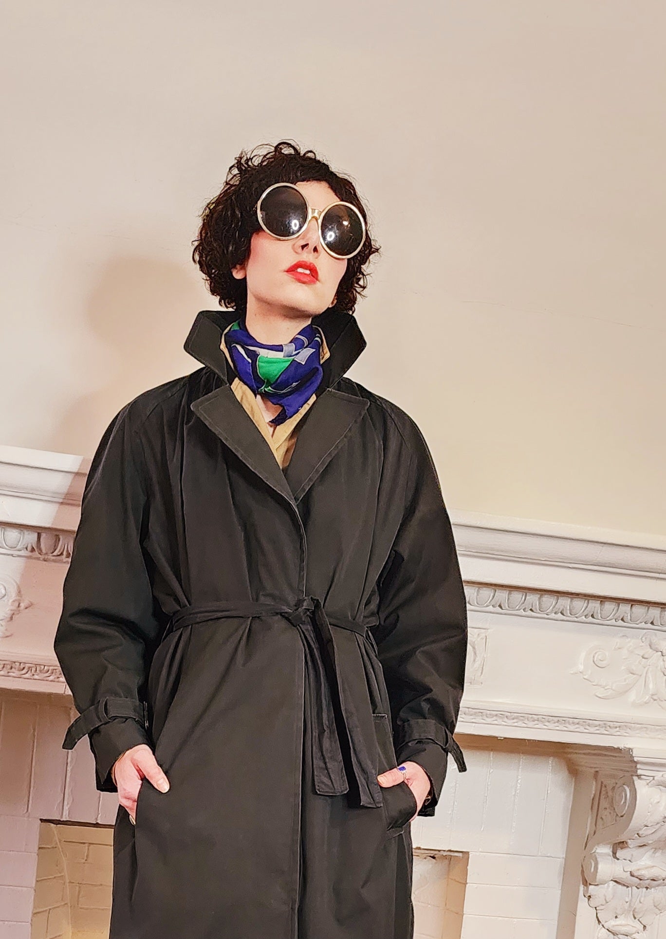 80s Black Trench Coat Anne Klein Rainwear with Belt / L