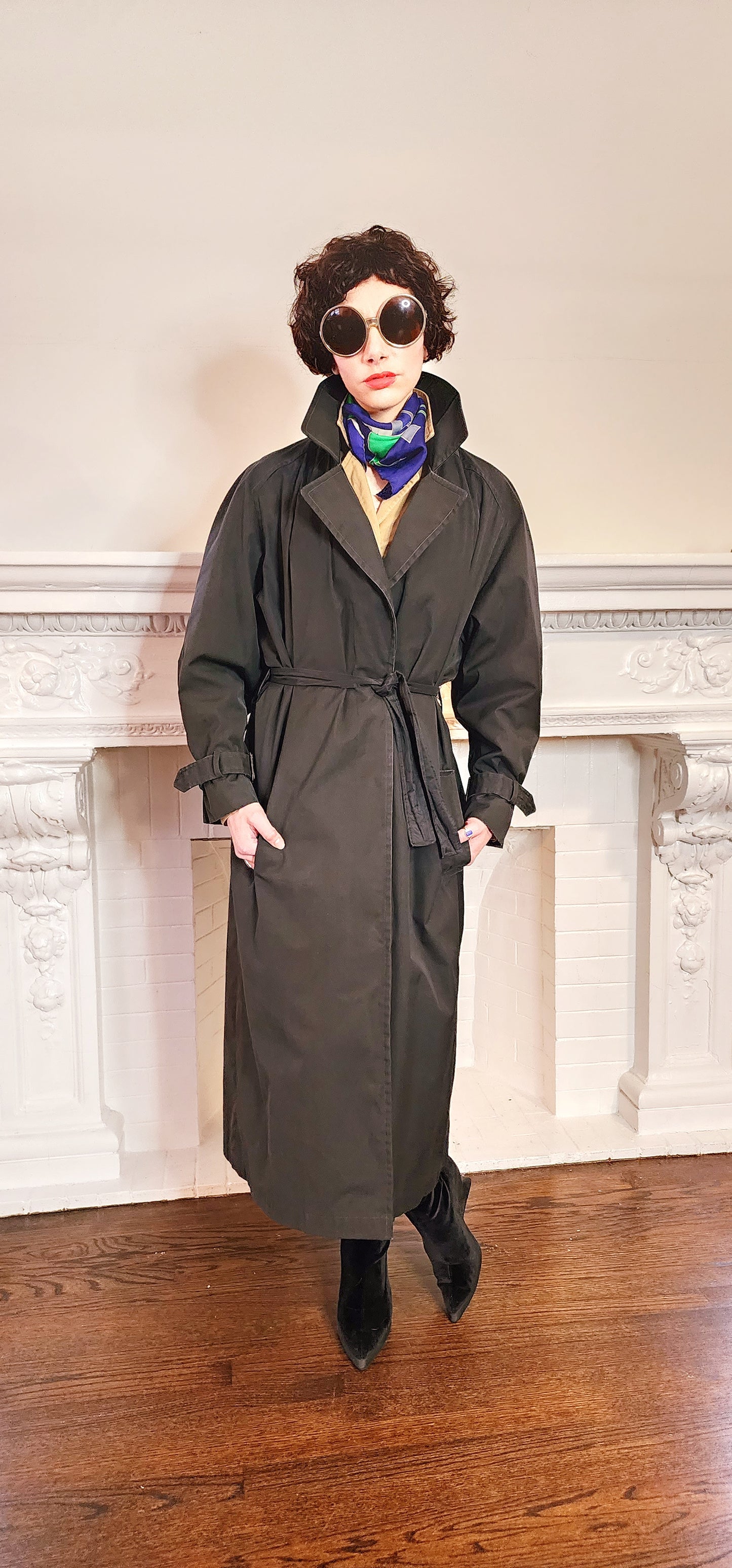 80s Black Trench Coat Anne Klein Rainwear with Belt / L