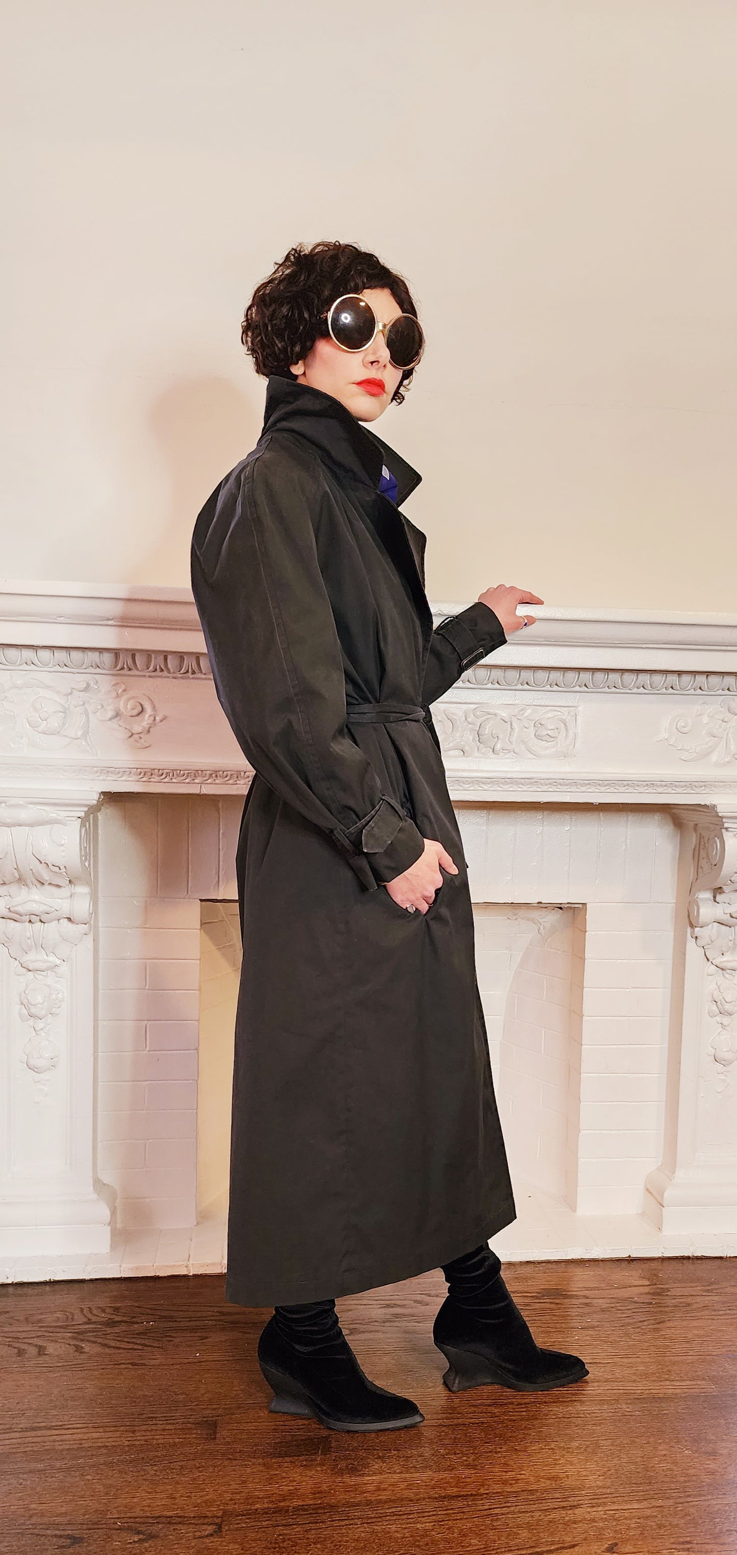 80s Black Trench Coat Anne Klein Rainwear with Belt / L