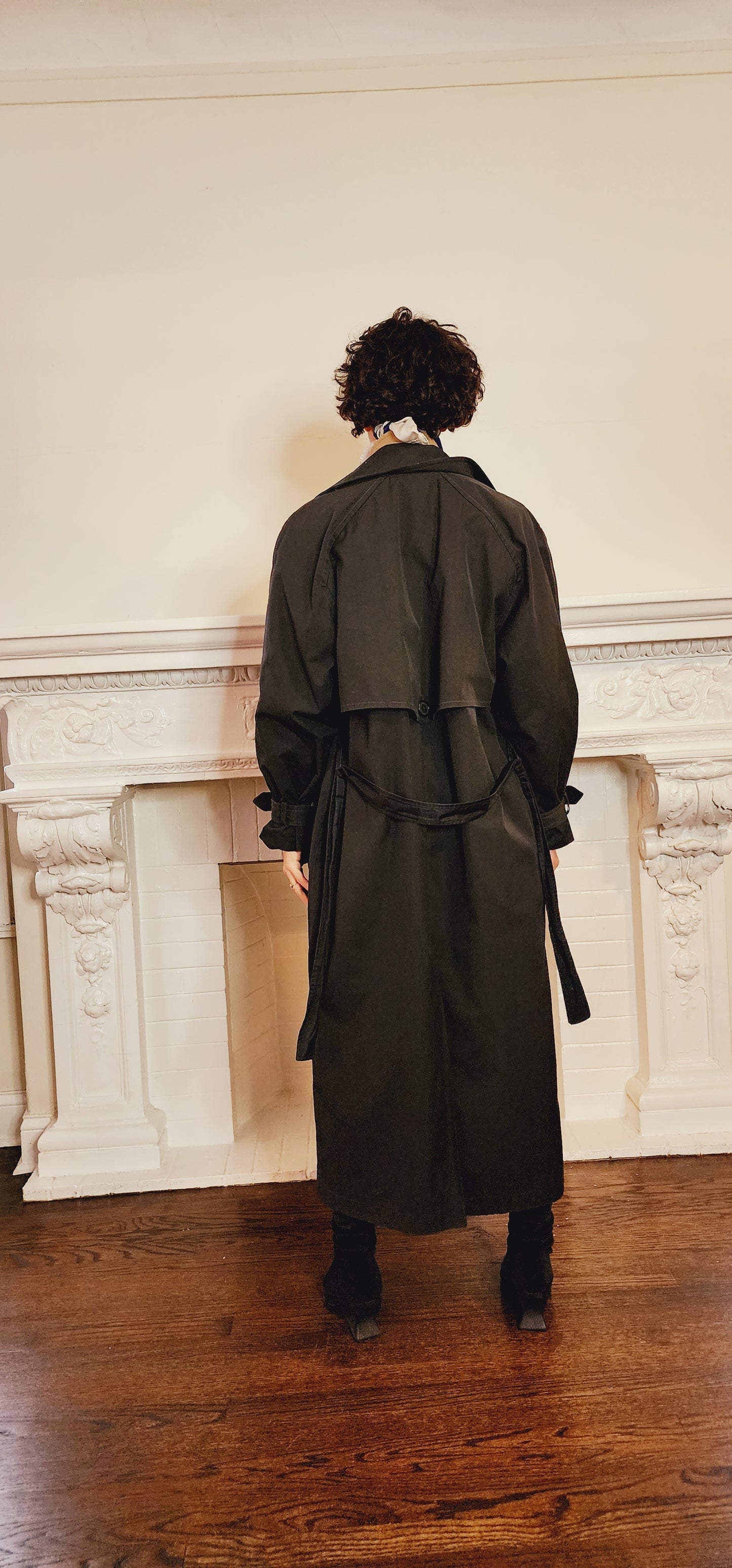 80s Black Trench Coat Anne Klein Rainwear with Belt / L